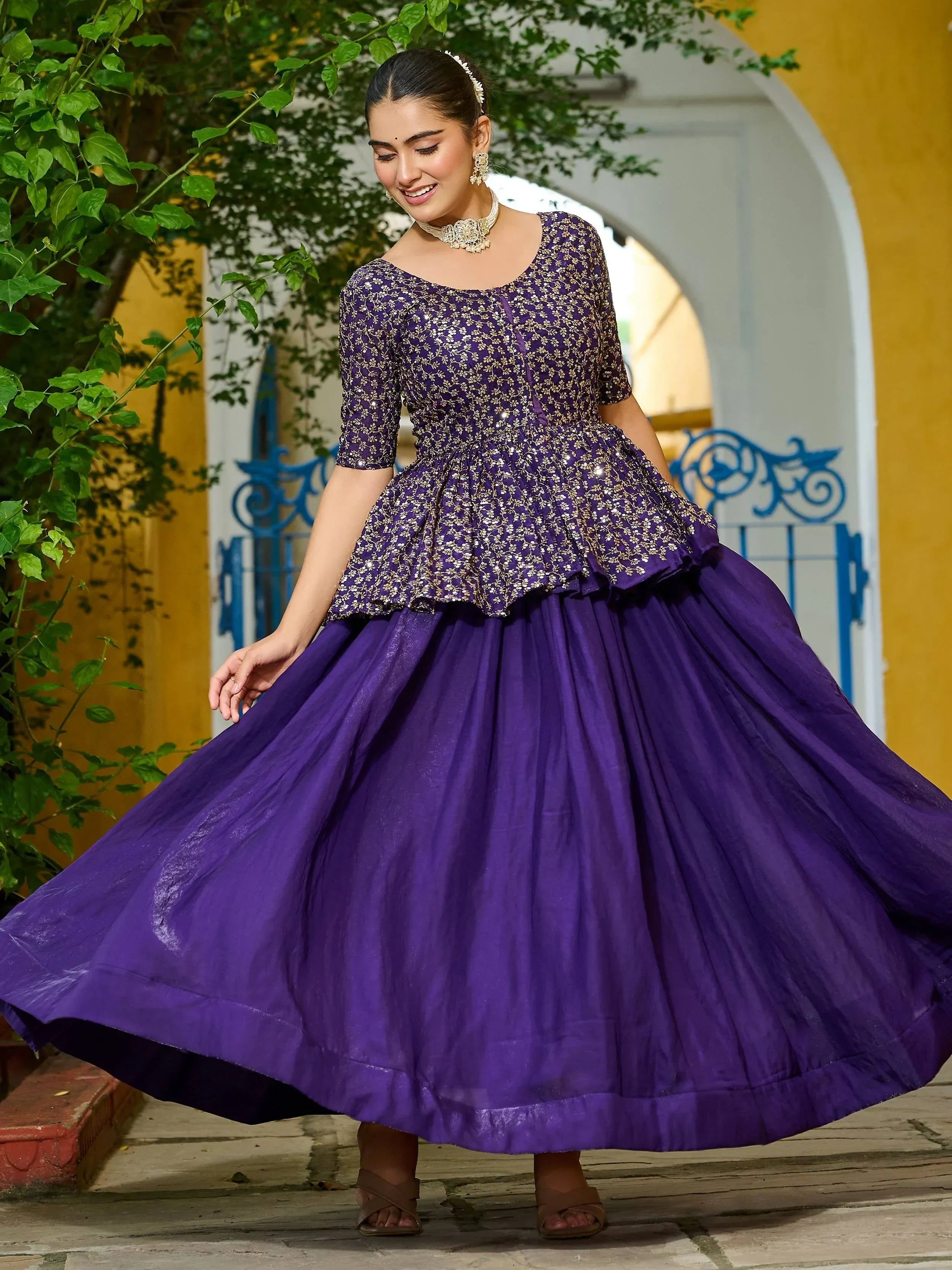 Purple Impressive Silk Function Wear Lehenga With Peplum Top