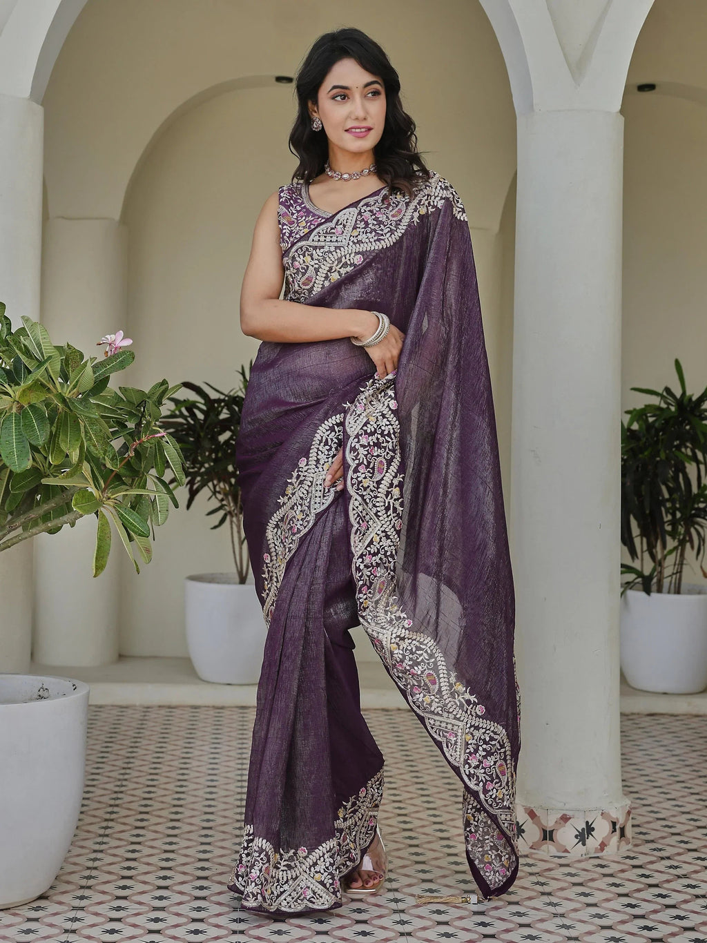 Purple Classic Sequins Organza Festive Wear Saree With Blouse