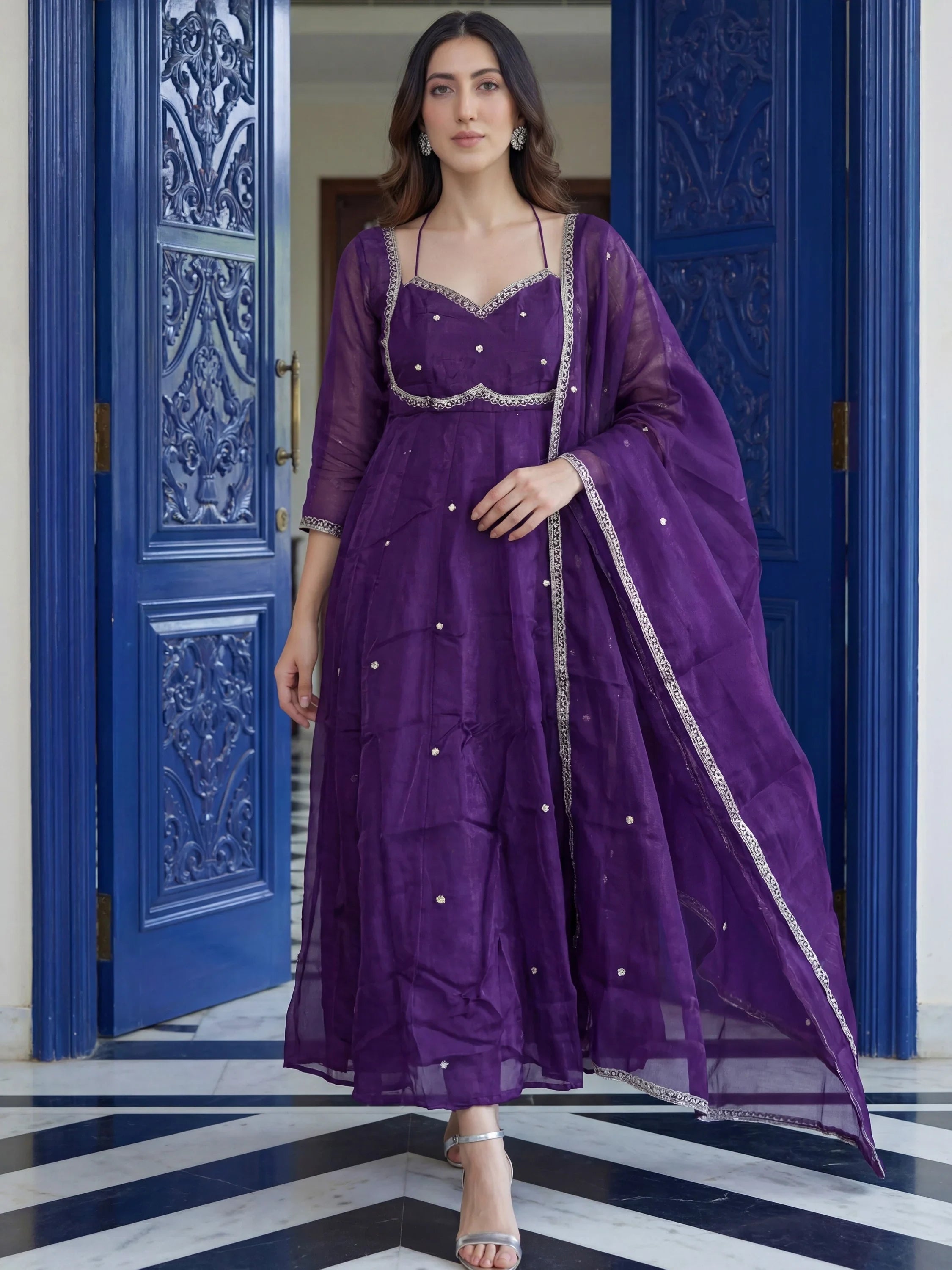 Purple Beautiful Sequins Silk Haldi Wear Anarkali Gown