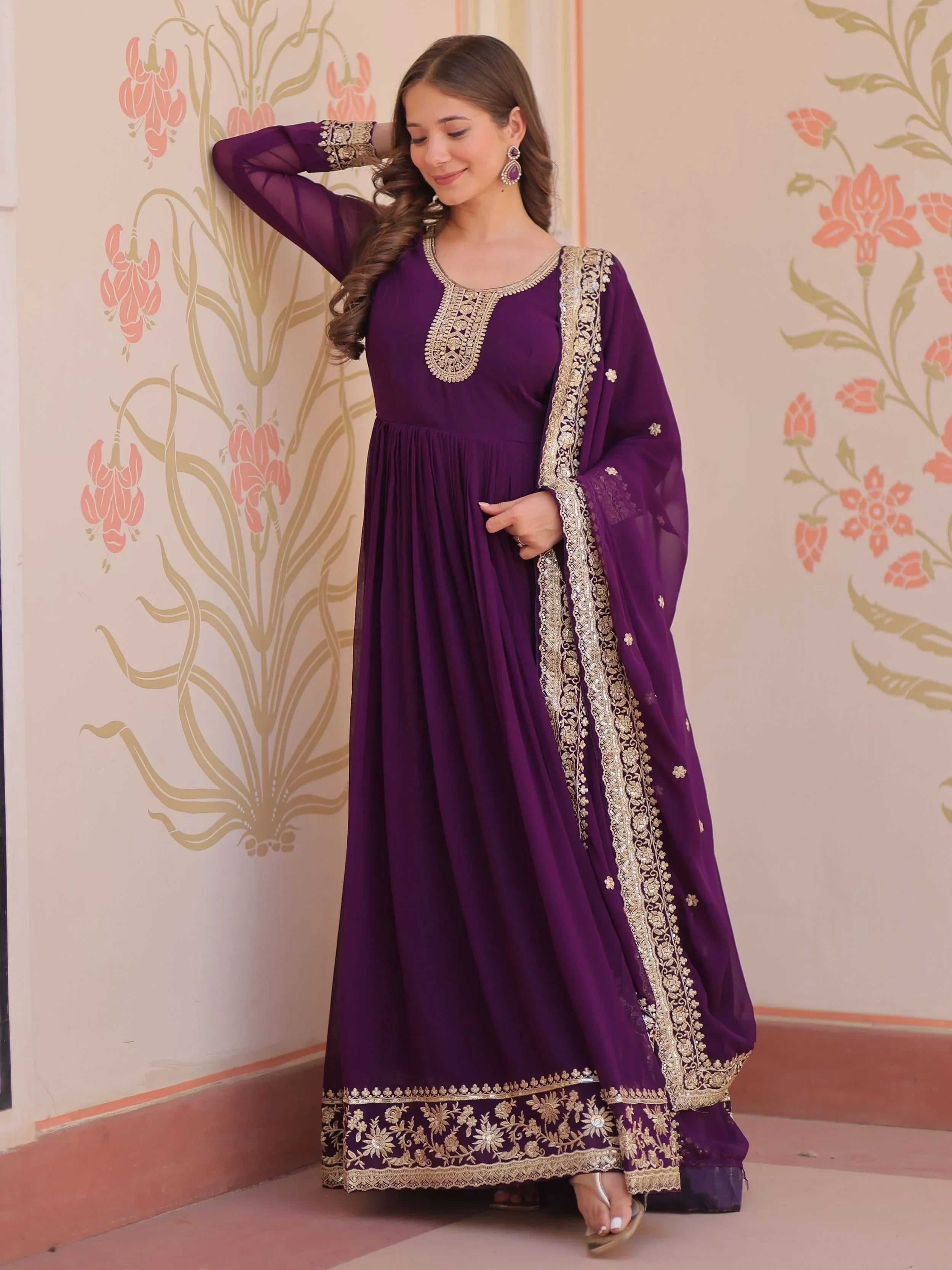Purple Awesome Georgette Zari Embroidered Gown With Dupatta