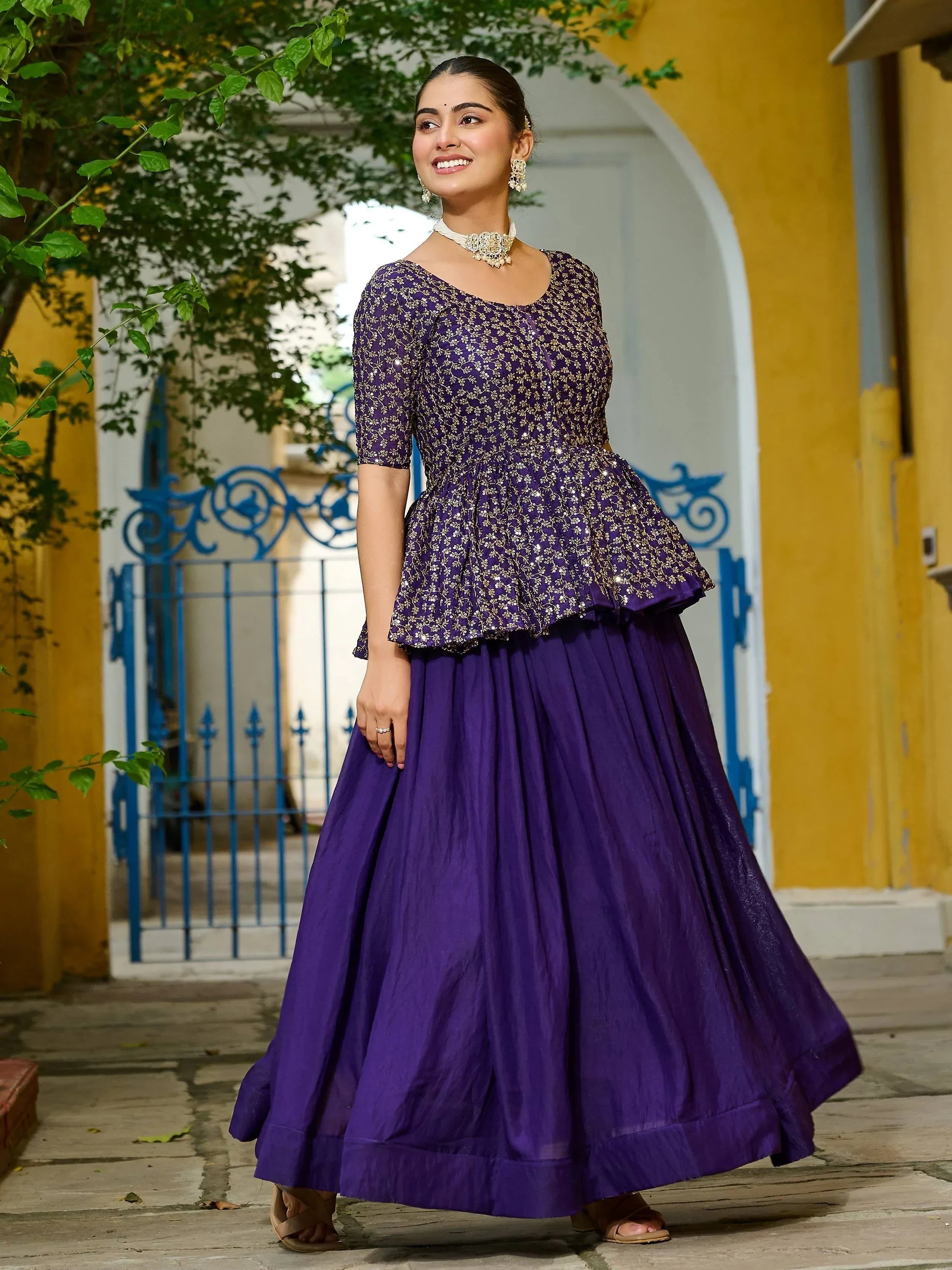 Purple Impressive Silk Function Wear Lehenga With Peplum Top
