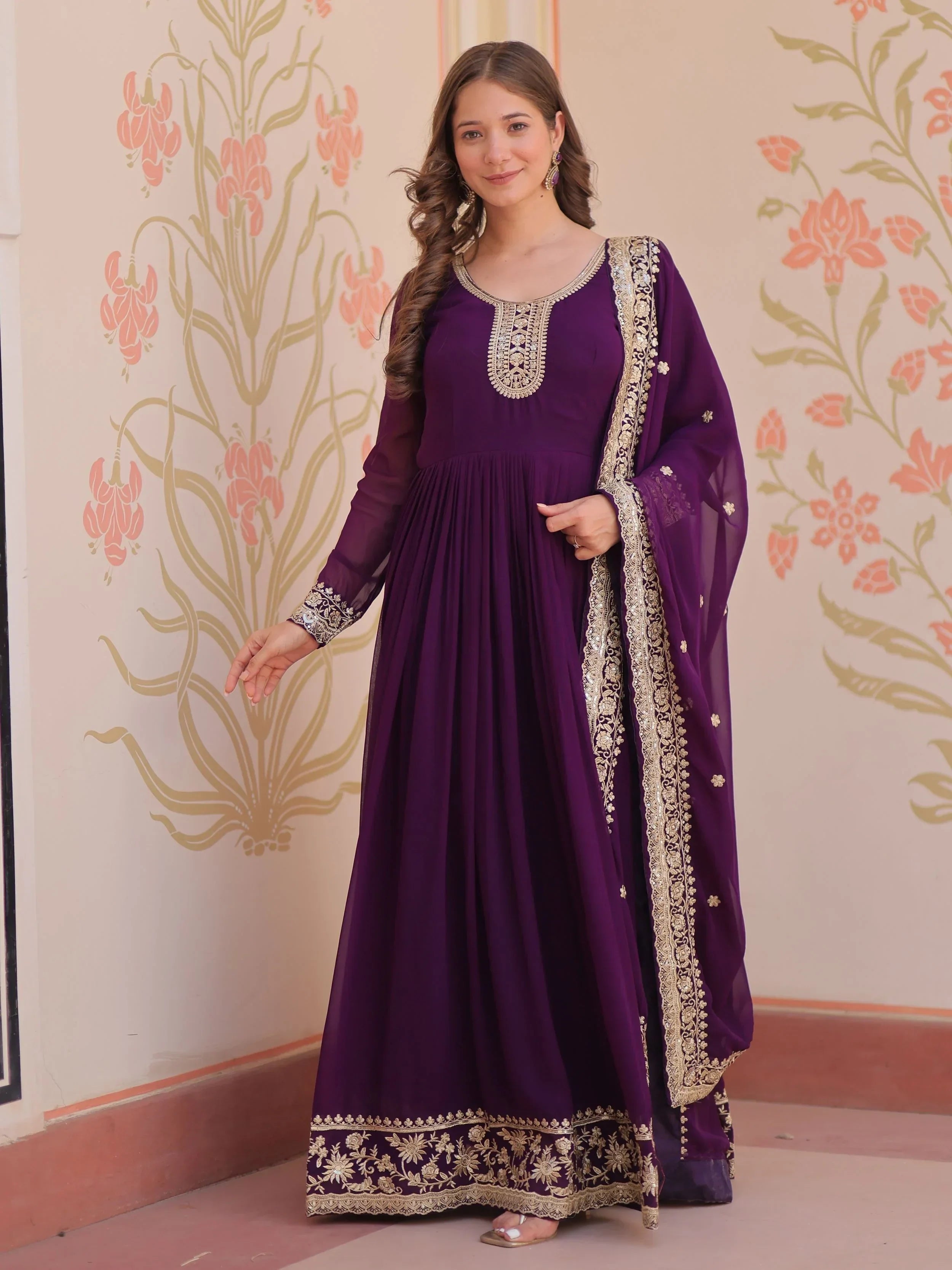 Purple Awesome Georgette Zari Embroidered Gown With Dupatta