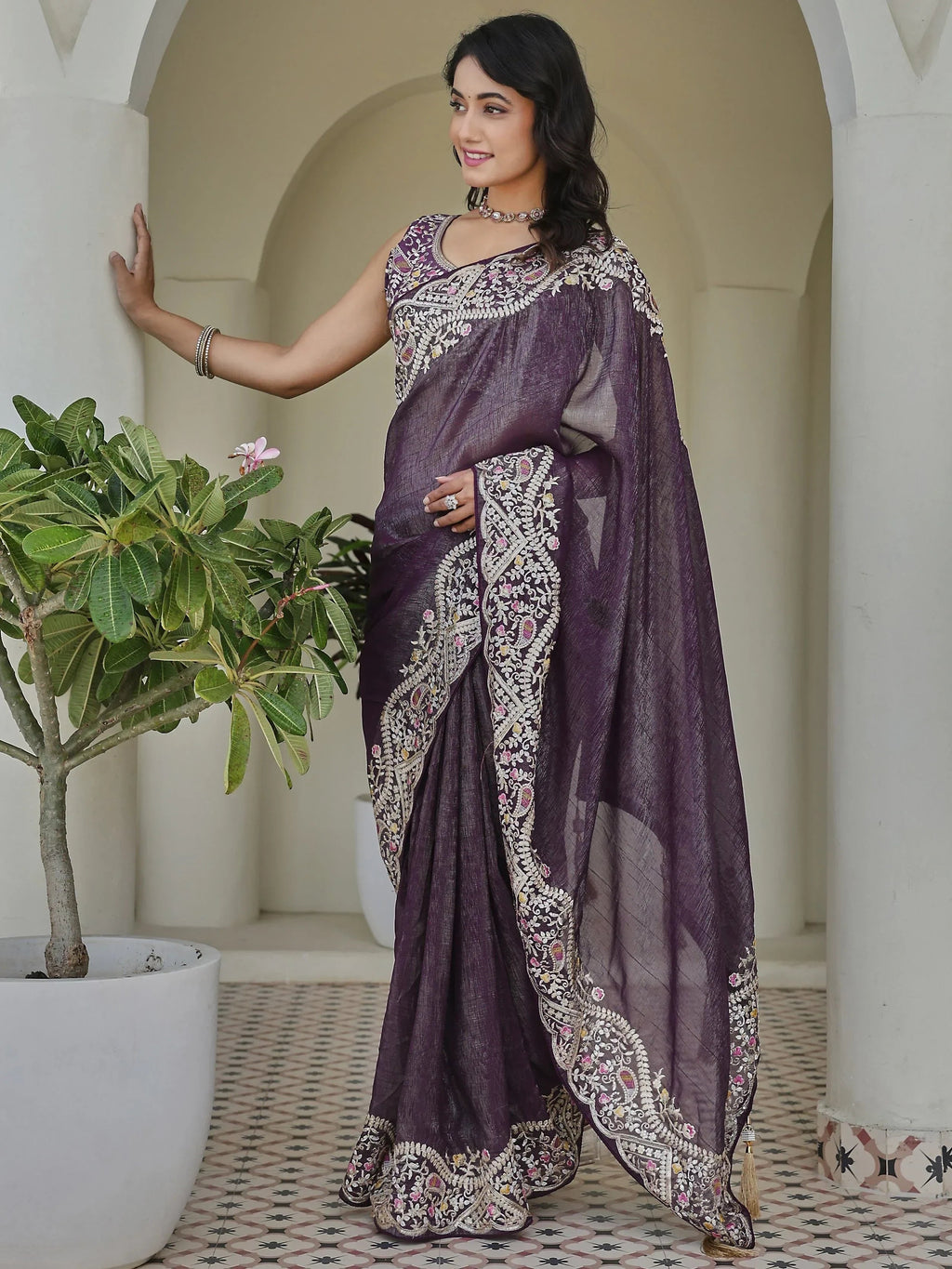 Purple Classic Sequins Organza Festive Wear Saree With Blouse
