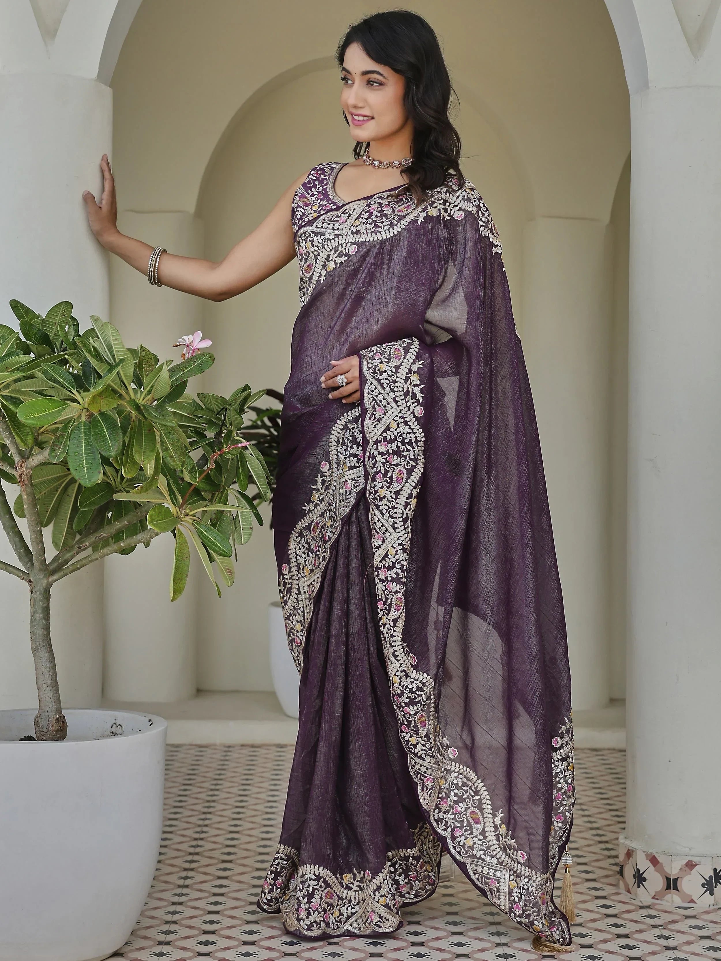 Purple Classic Sequins Organza Festive Wear Saree With Blouse
