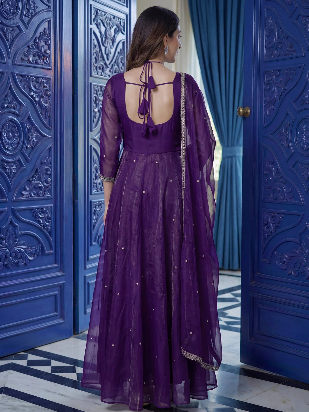 Purple Beautiful Sequins Silk Haldi Wear Anarkali Gown