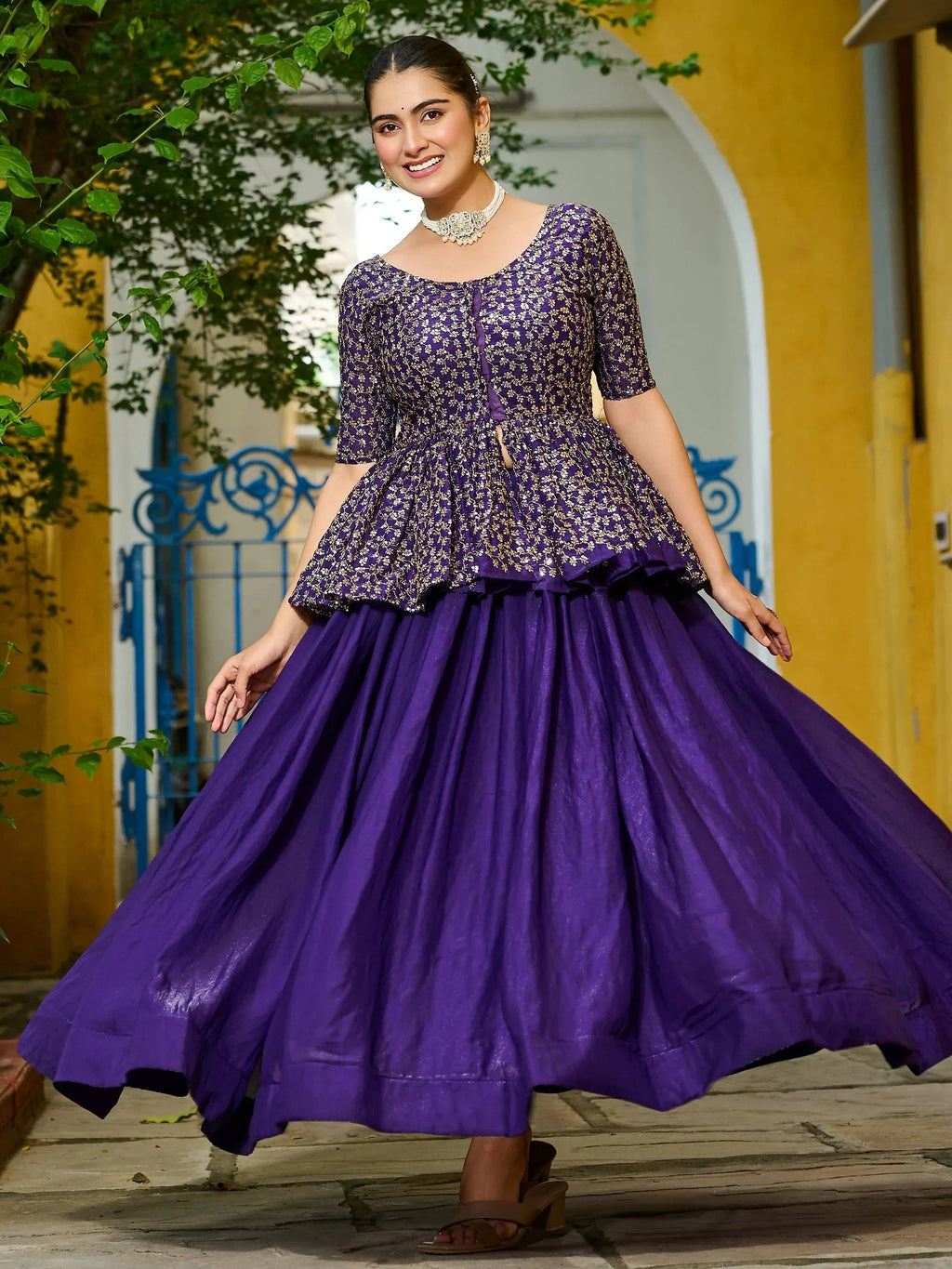 Purple Impressive Silk Function Wear Lehenga With Peplum Top
