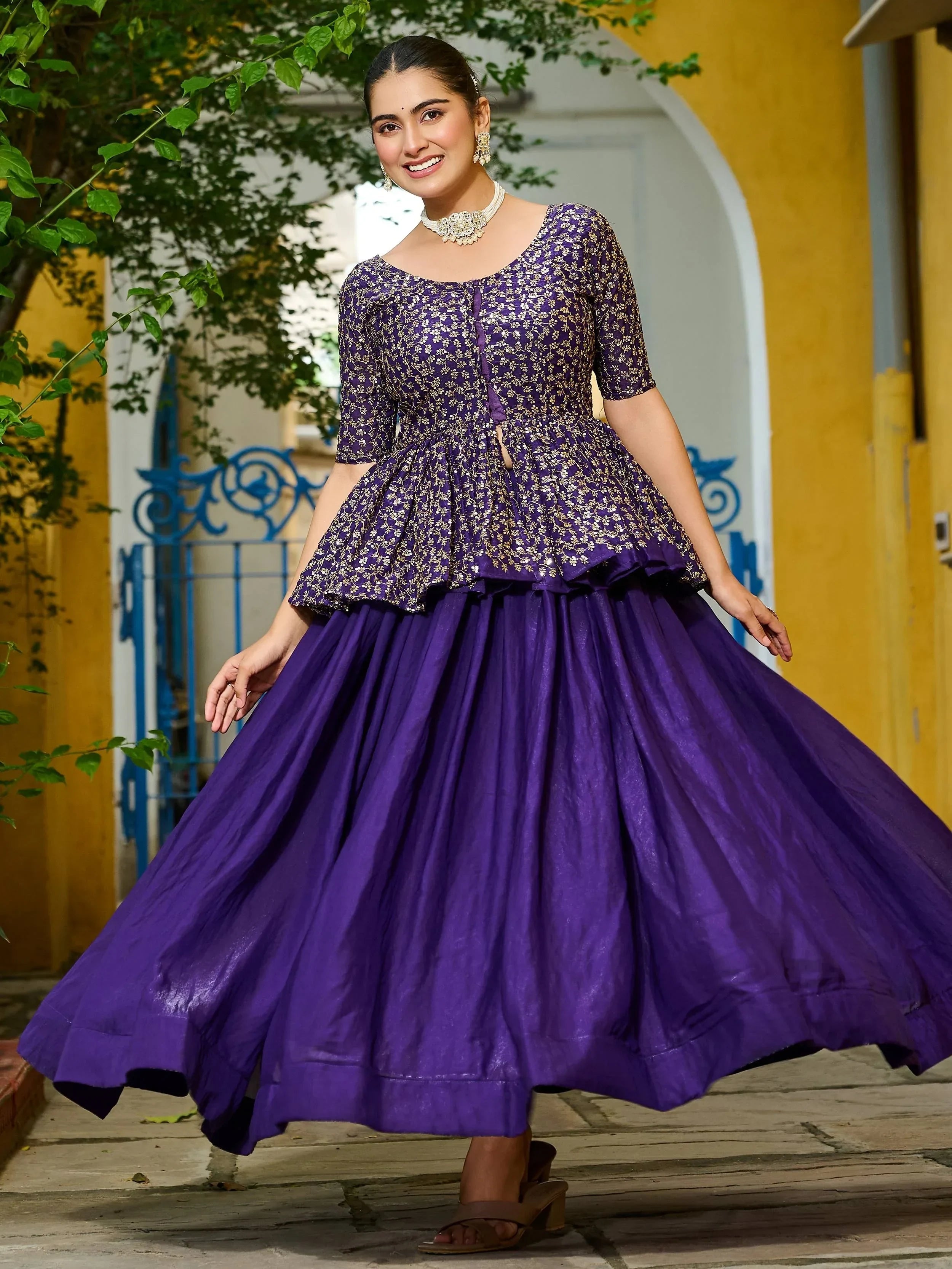 Purple Impressive Silk Function Wear Lehenga With Peplum Top