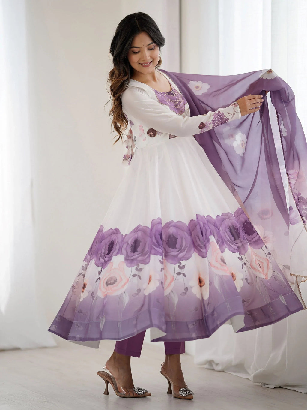 Purple Alluring Organza Floral Printed Festival Wear Anarkali Suit