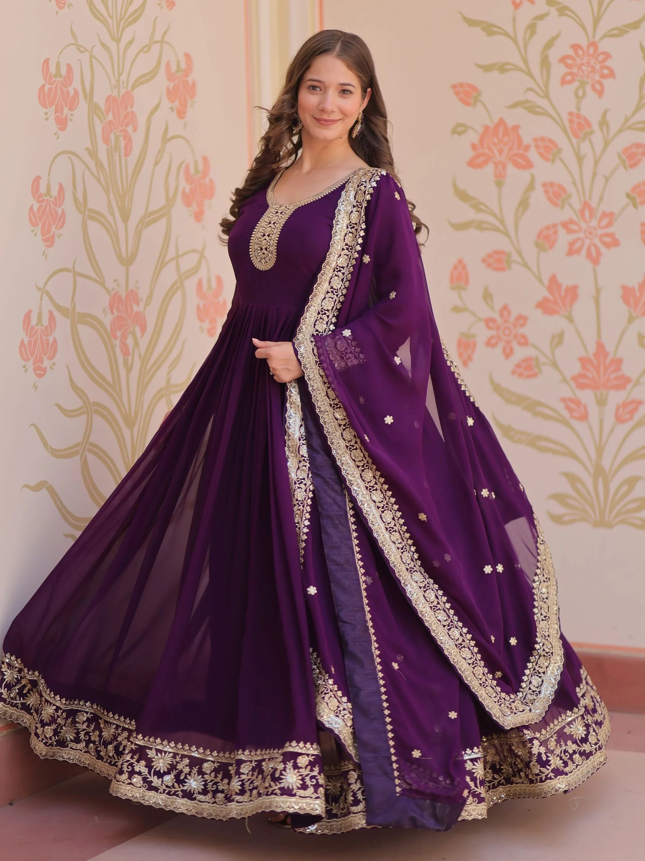 Purple Awesome Georgette Zari Embroidered Gown With Dupatta