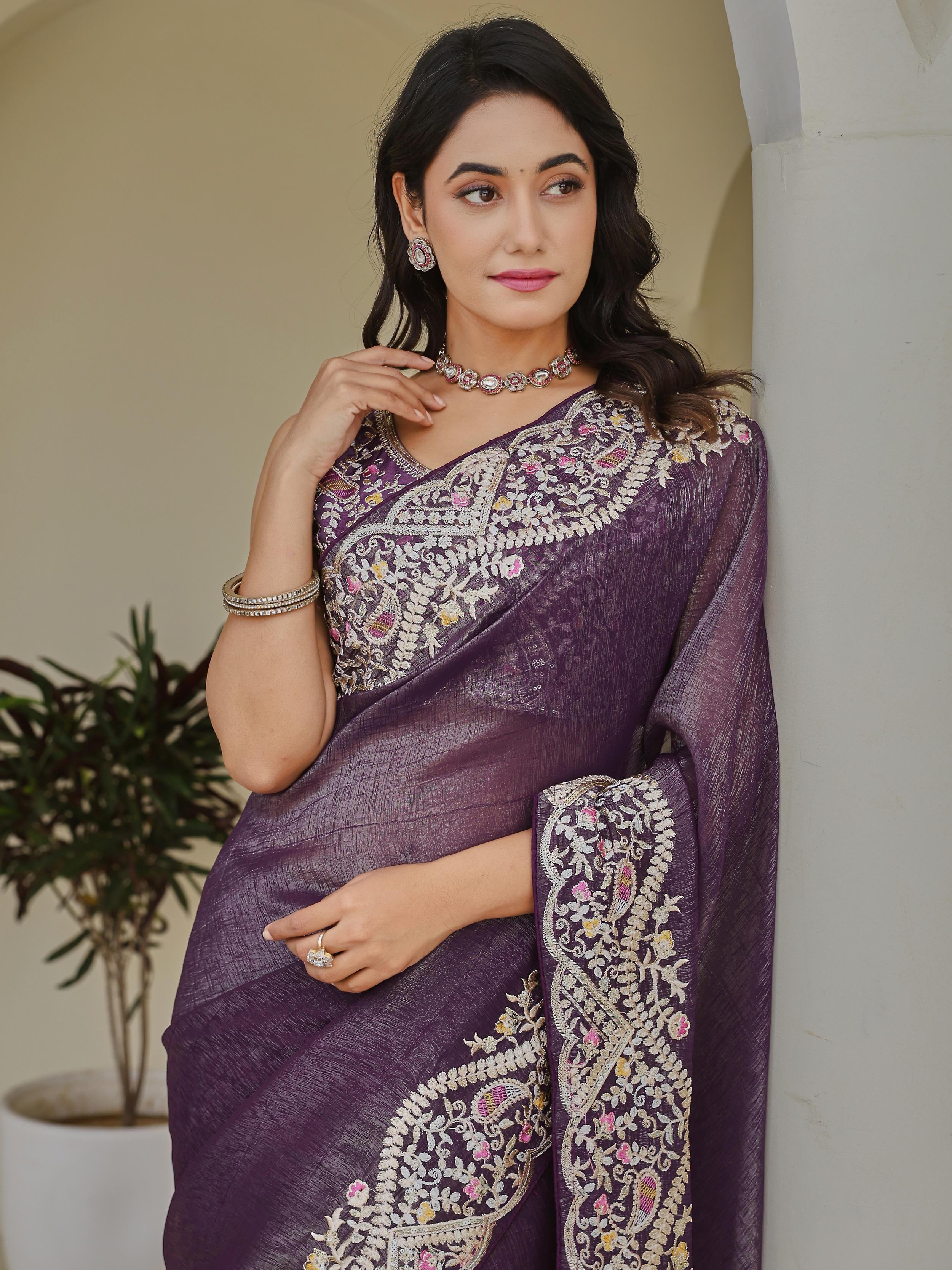 Purple Classic Sequins Organza Festive Wear Saree With Blouse