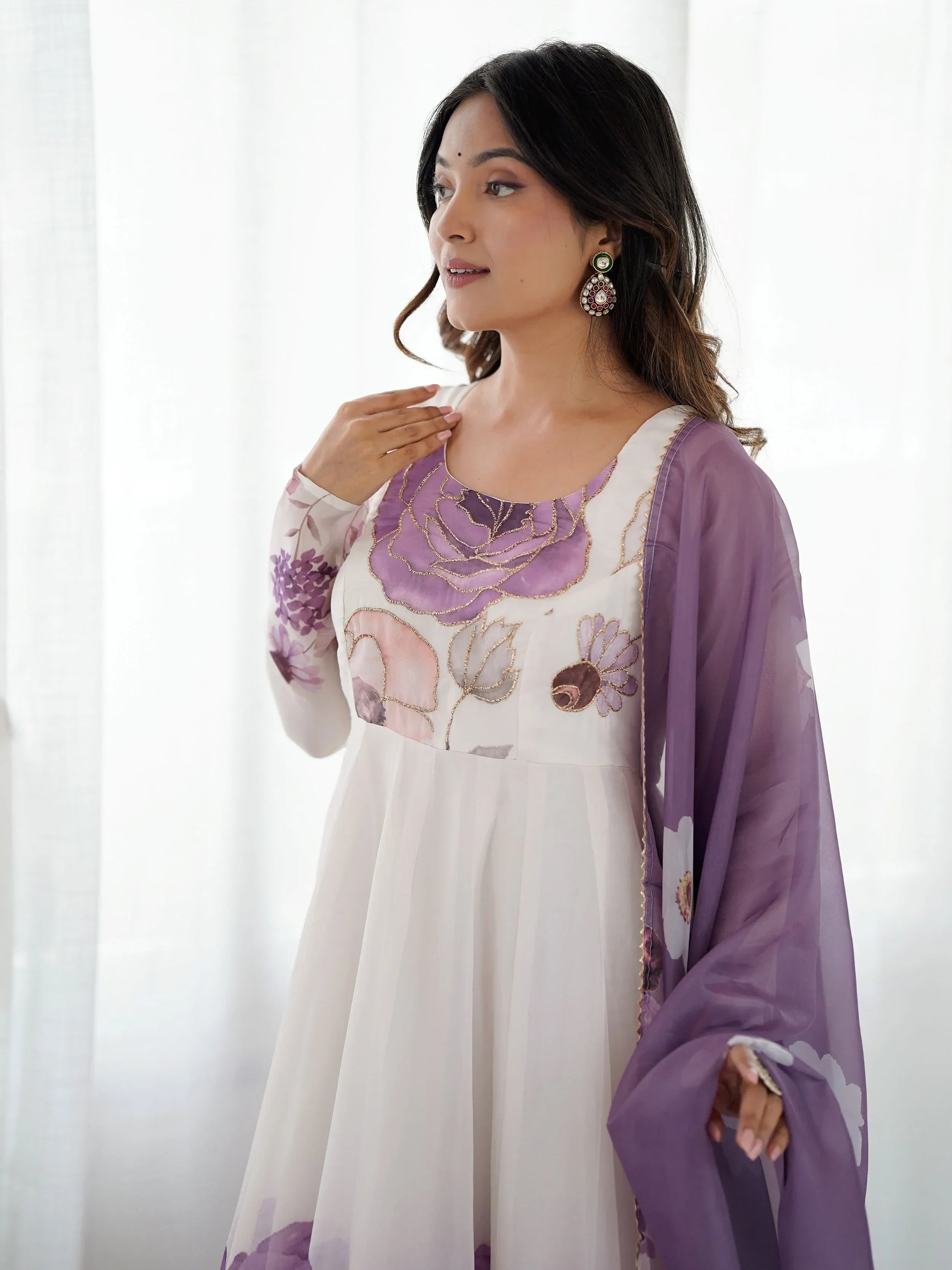 Purple Alluring Organza Floral Printed Festival Wear Anarkali Suit