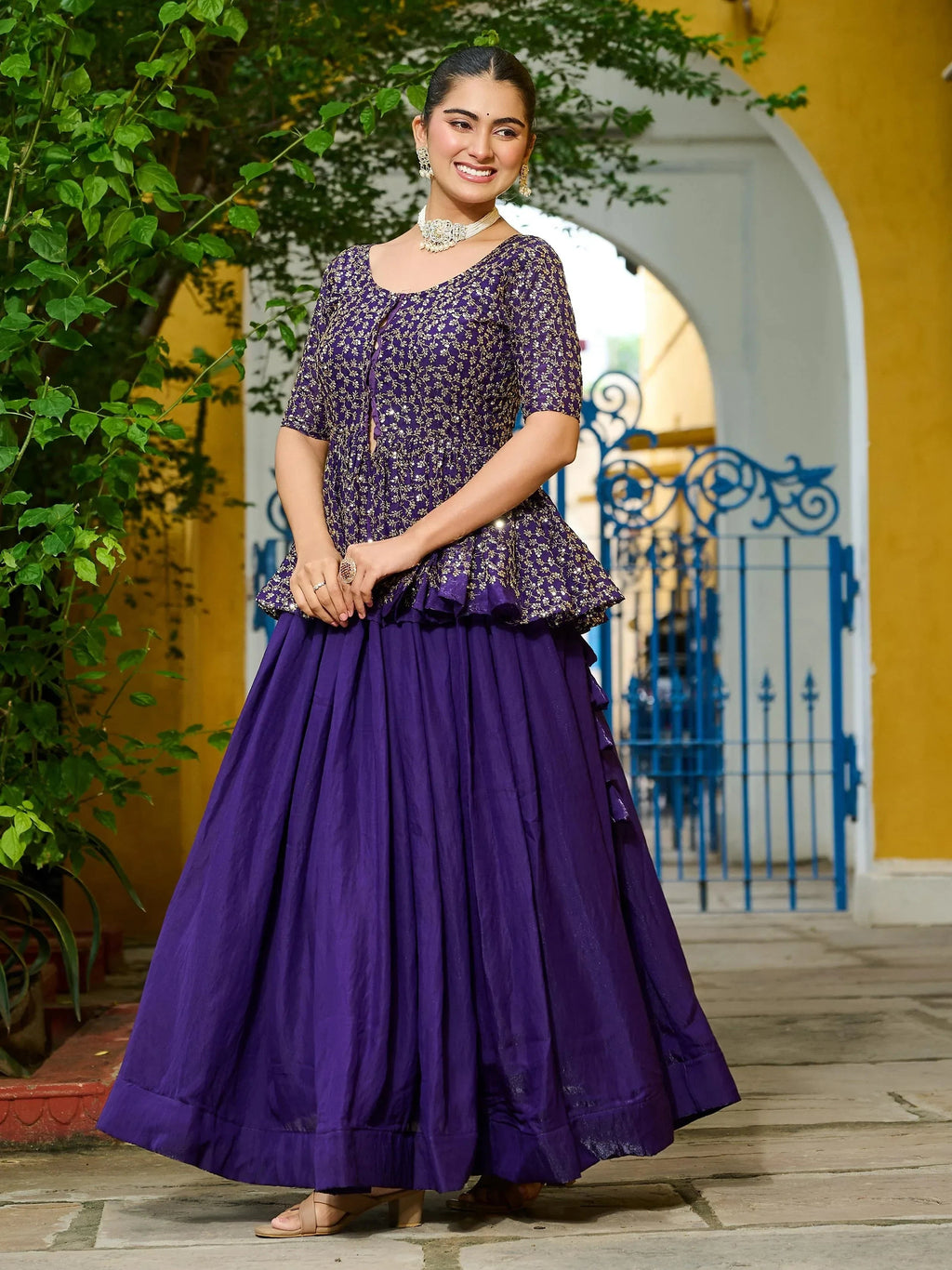 Purple Impressive Silk Function Wear Lehenga With Peplum Top