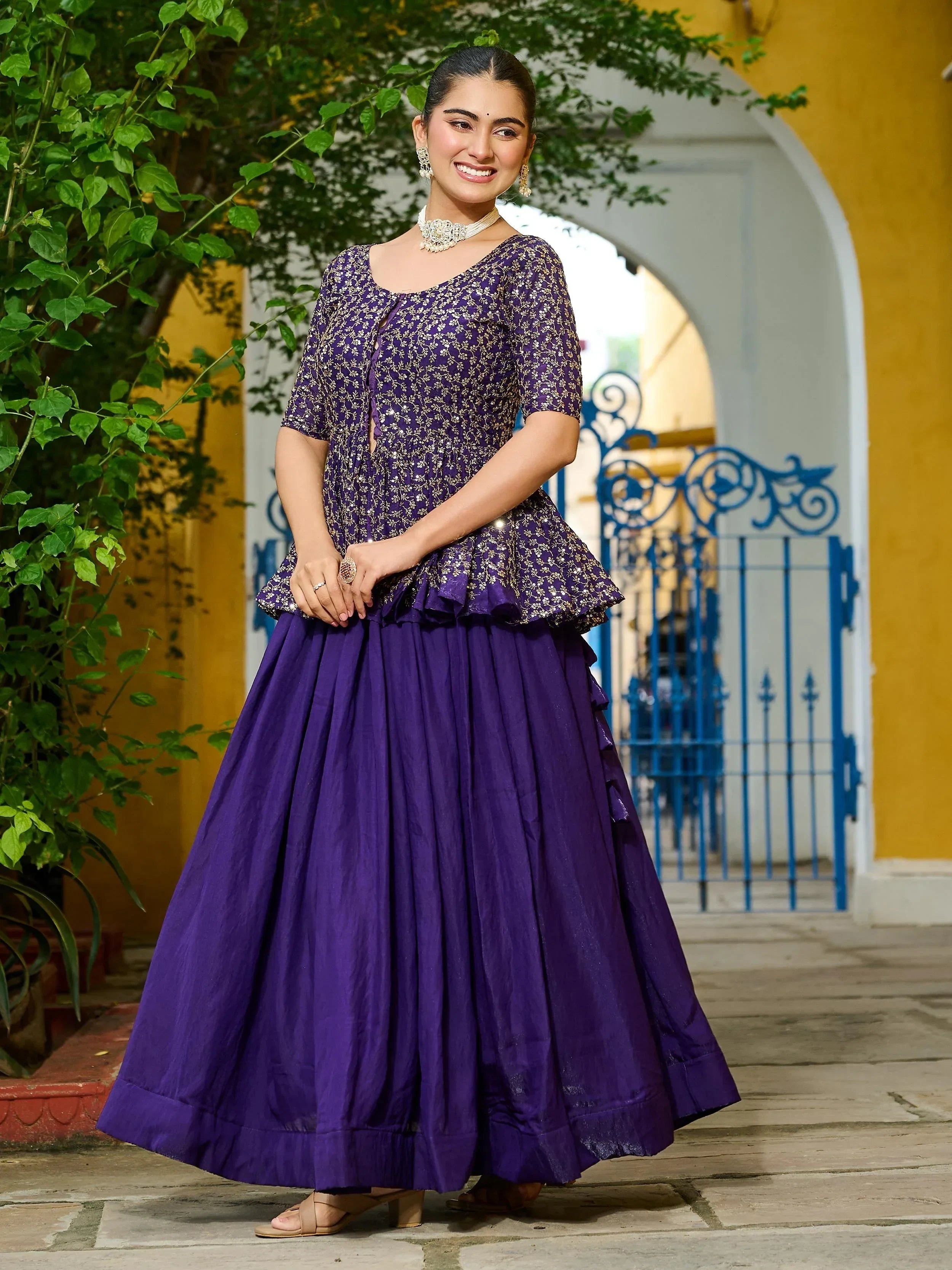 Purple Impressive Silk Function Wear Lehenga With Peplum Top