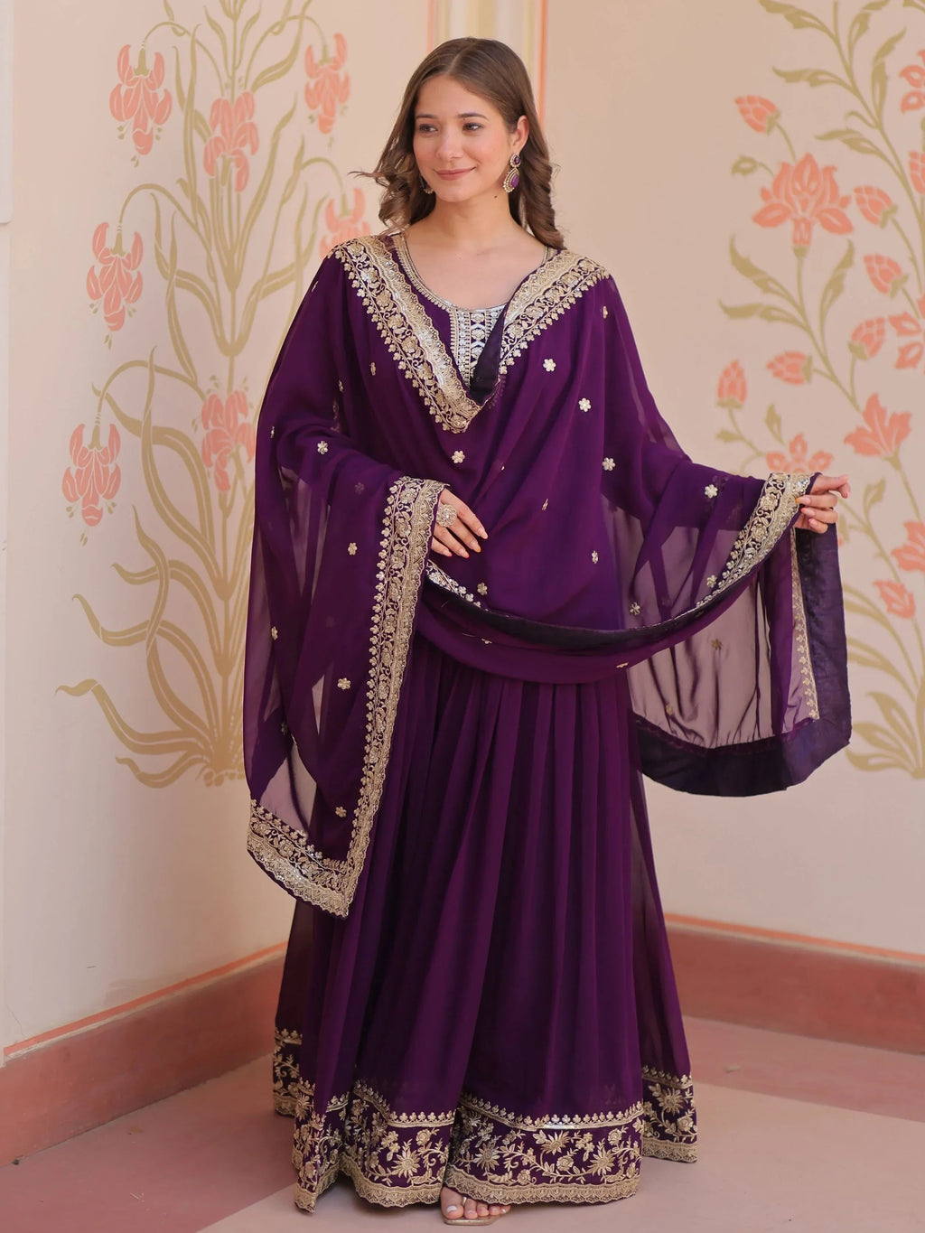 Purple Awesome Georgette Zari Embroidered Gown With Dupatta