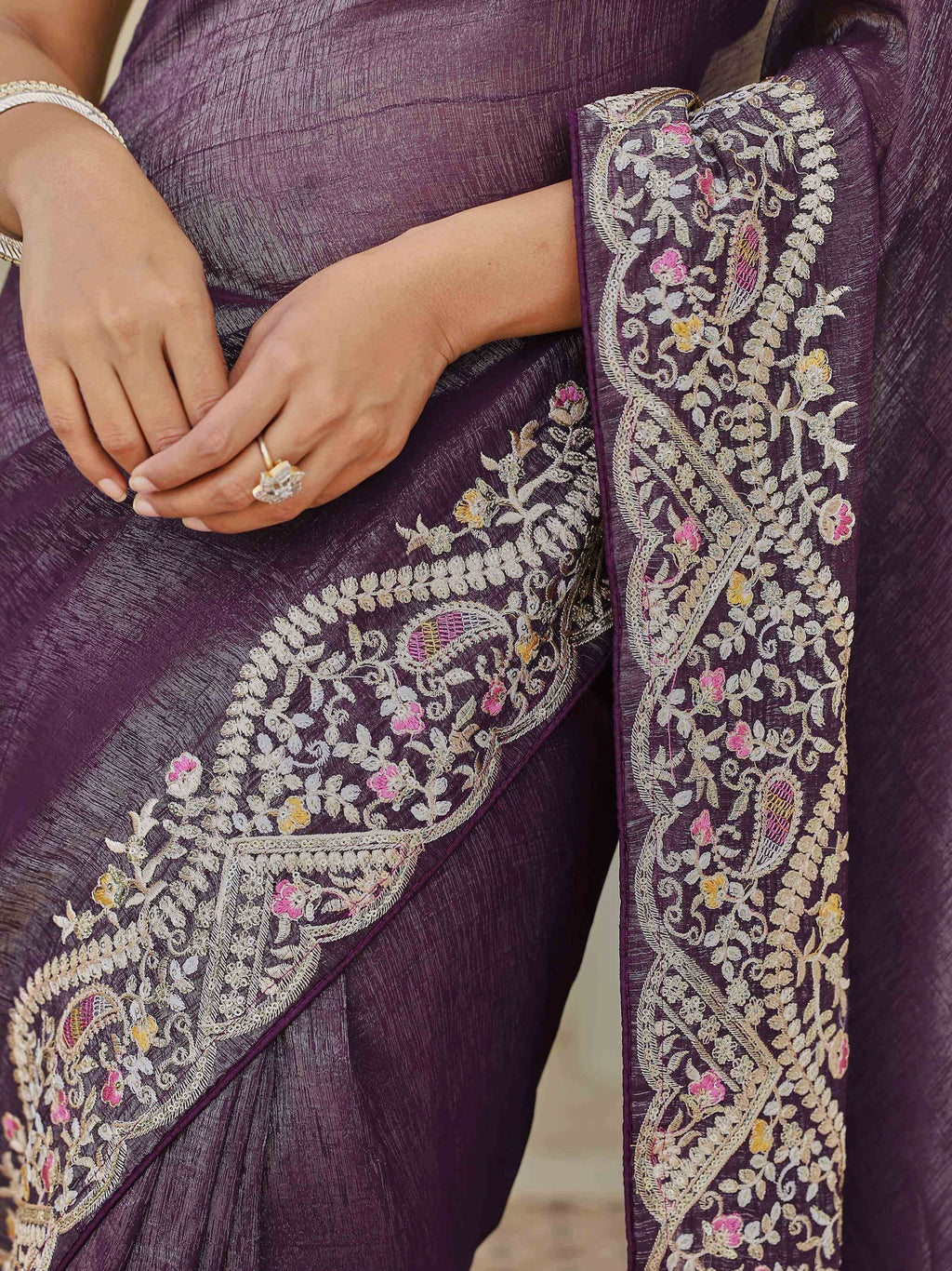 Purple Classic Sequins Organza Festive Wear Saree With Blouse
