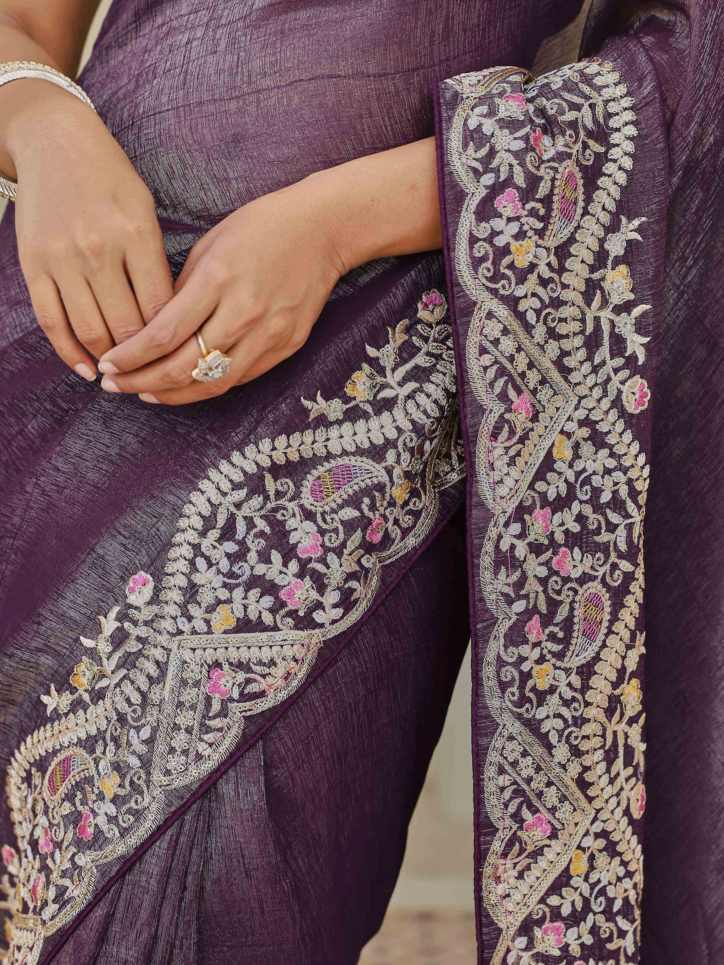 Purple Classic Sequins Organza Festive Wear Saree With Blouse