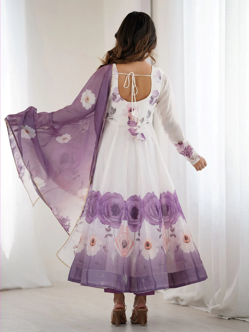 Purple Alluring Organza Floral Printed Festival Wear Anarkali Suit