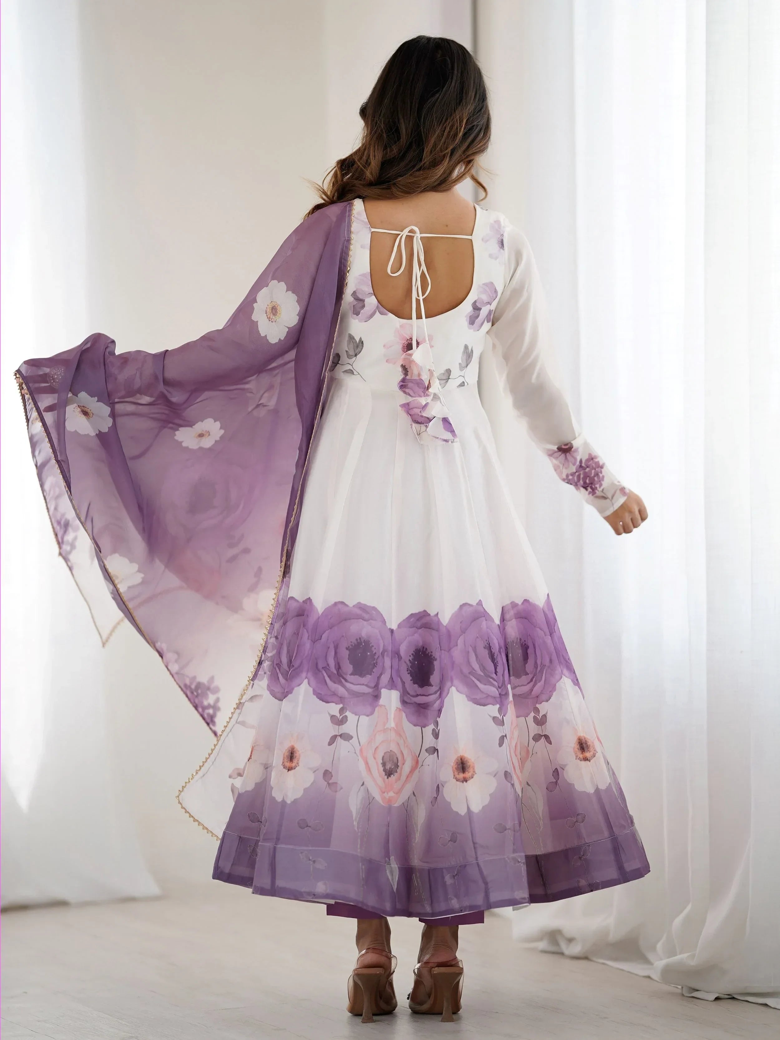 Purple Alluring Organza Floral Printed Festival Wear Anarkali Suit