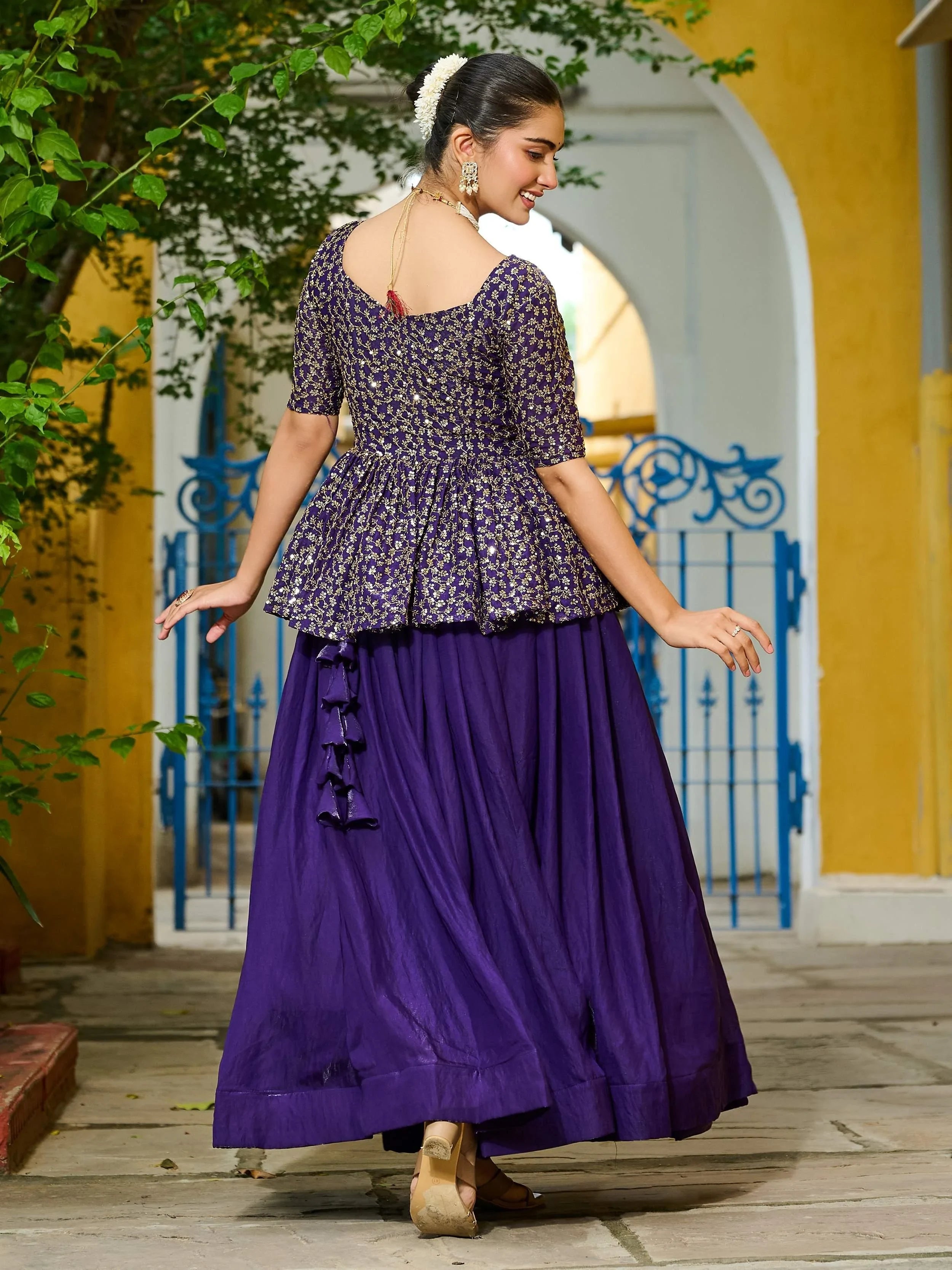 Purple Impressive Silk Function Wear Lehenga With Peplum Top