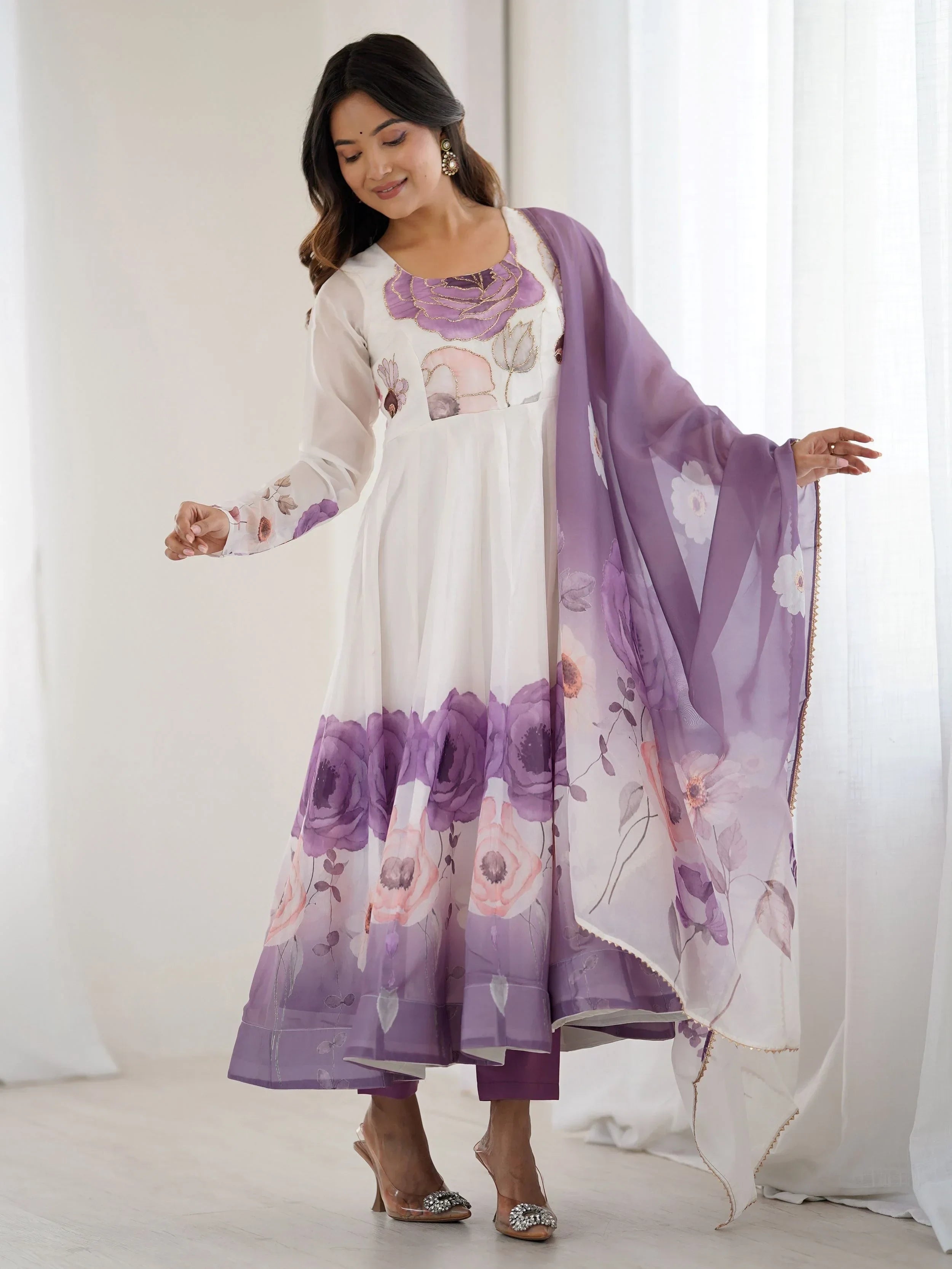 Purple Alluring Organza Floral Printed Festival Wear Anarkali Suit