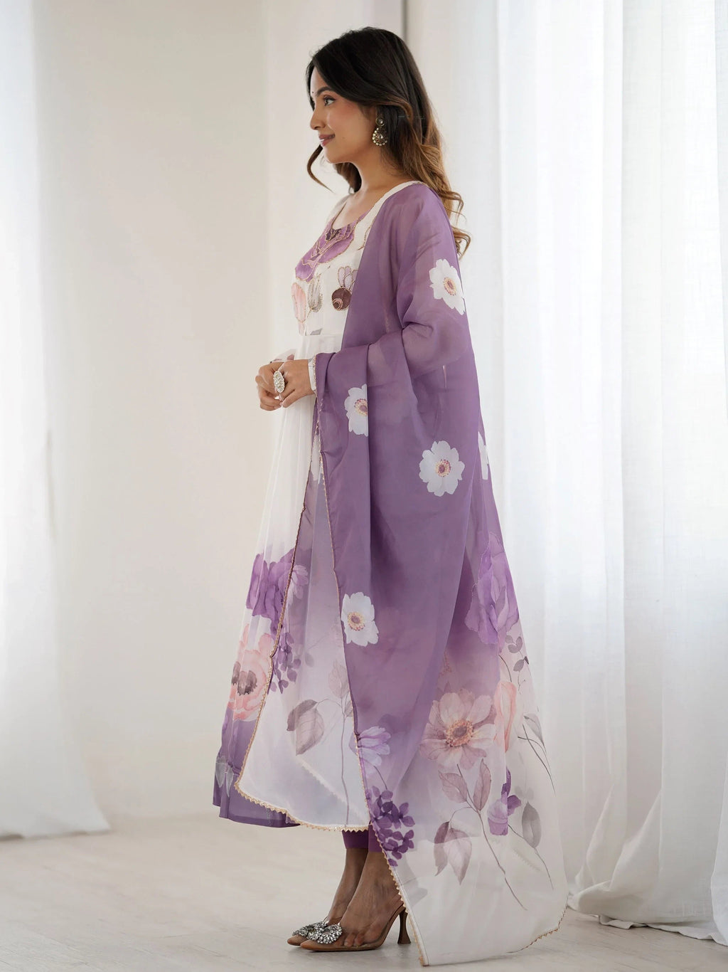 Purple Alluring Organza Floral Printed Festival Wear Anarkali Suit