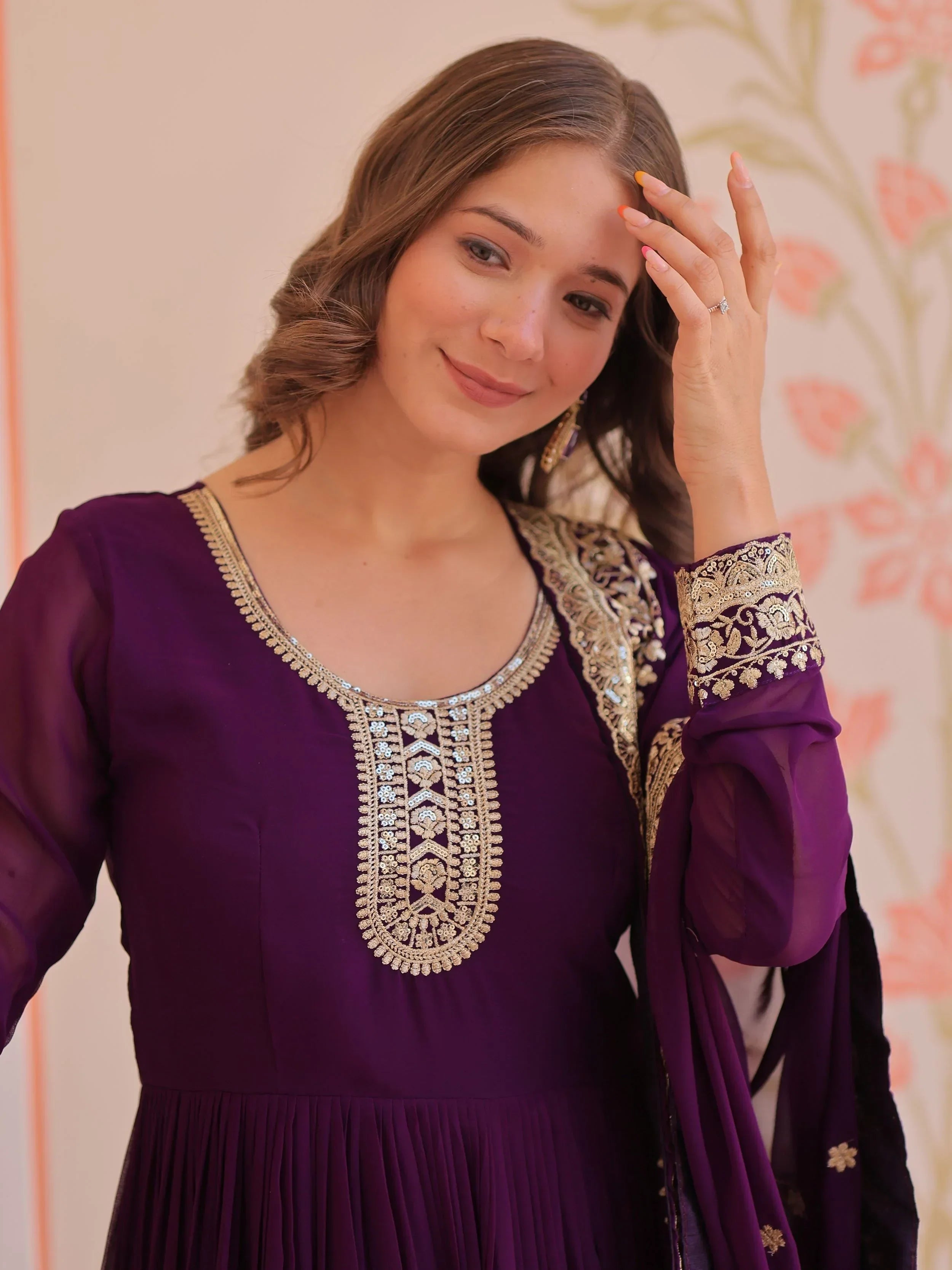 Purple Awesome Georgette Zari Embroidered Gown With Dupatta
