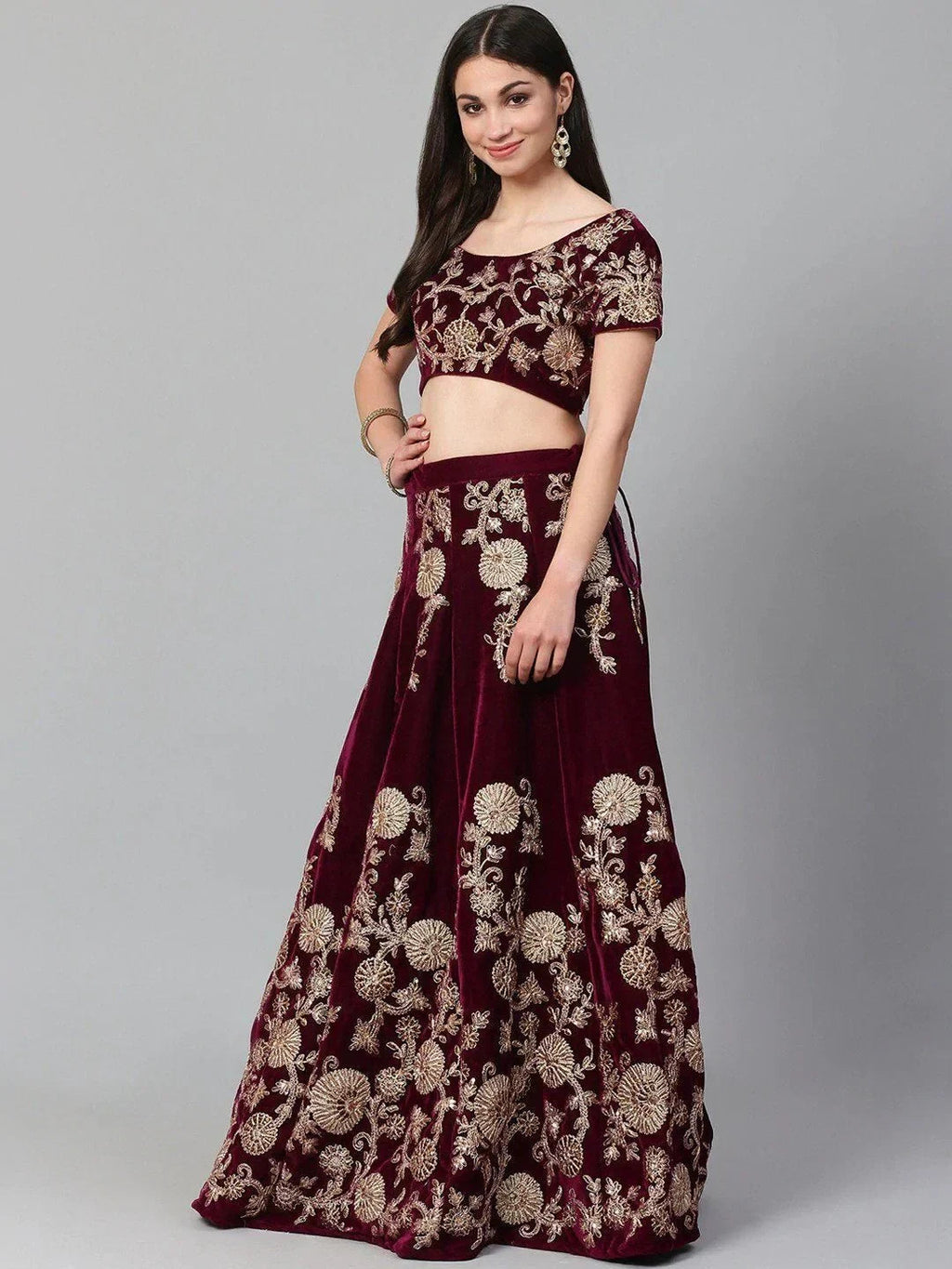 Purple & Golden Semi-Stitched Myntra Party Wear Lehenga & Unstitched Blouse with Dupatta