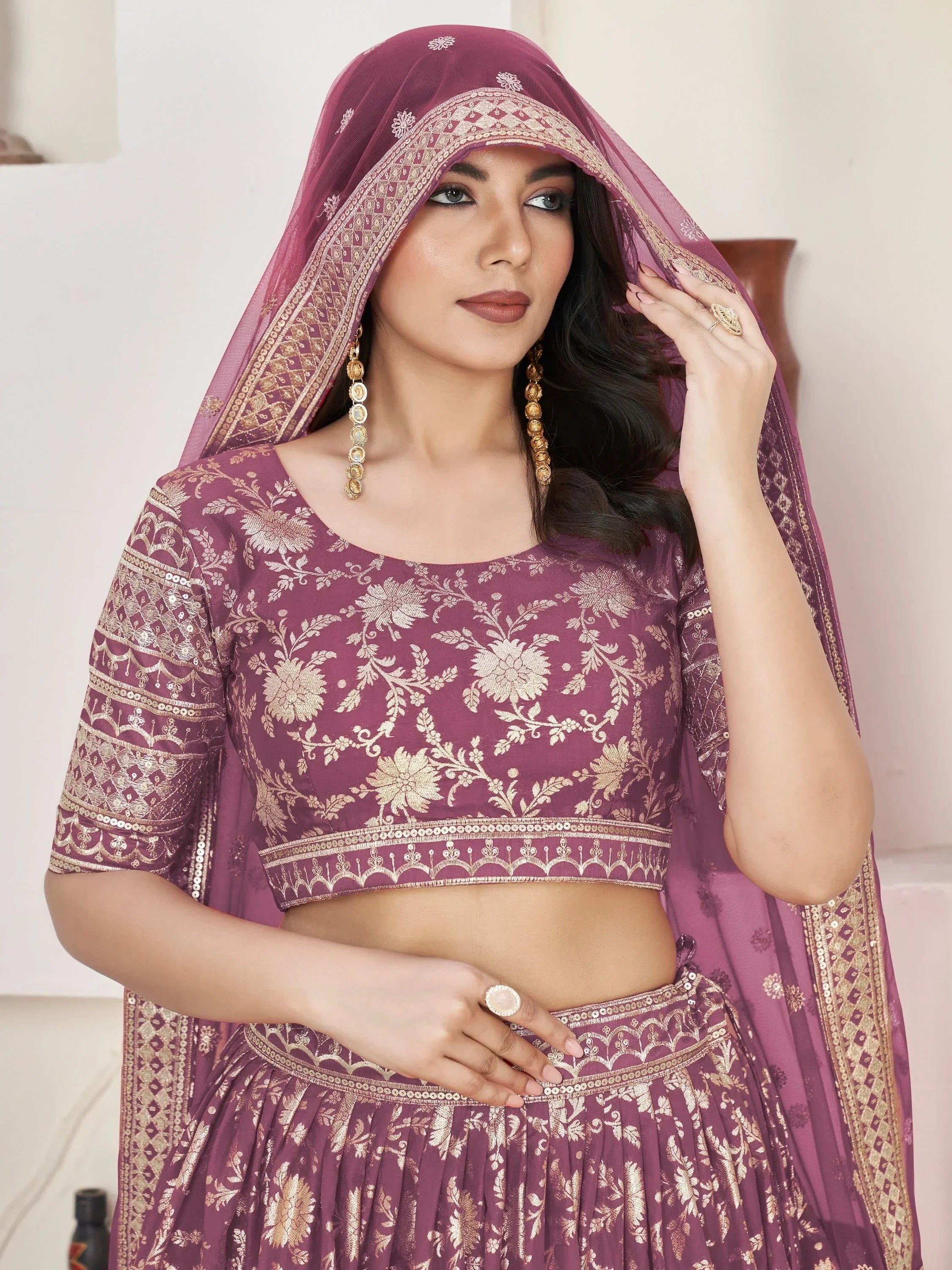 Charming Purple Zari Embroidered Jacquard Sangeet Lehenga Choli