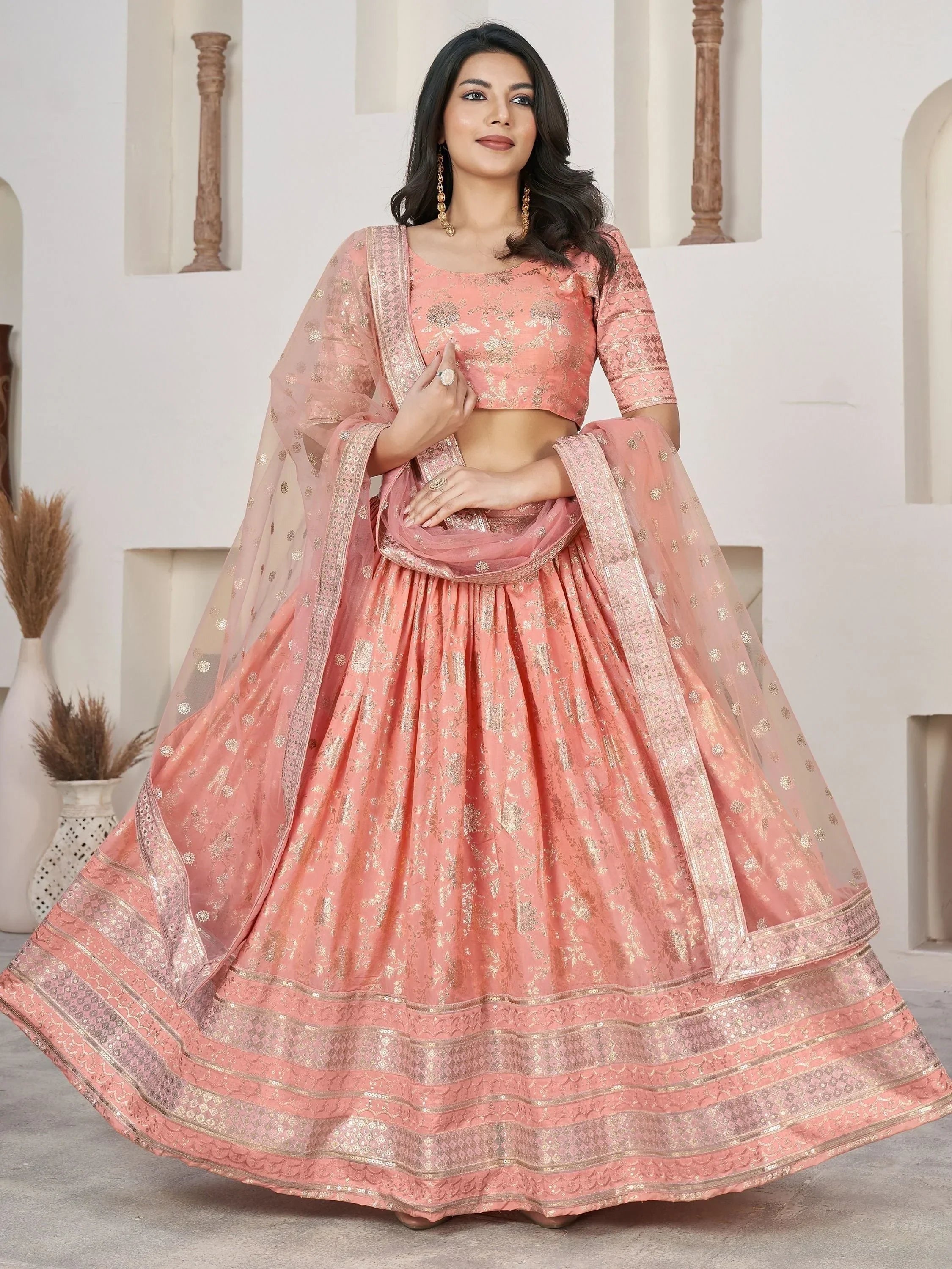 Magnetic Peach Zari Embroidered Jacquard Bridesmaid Lehenga Choli