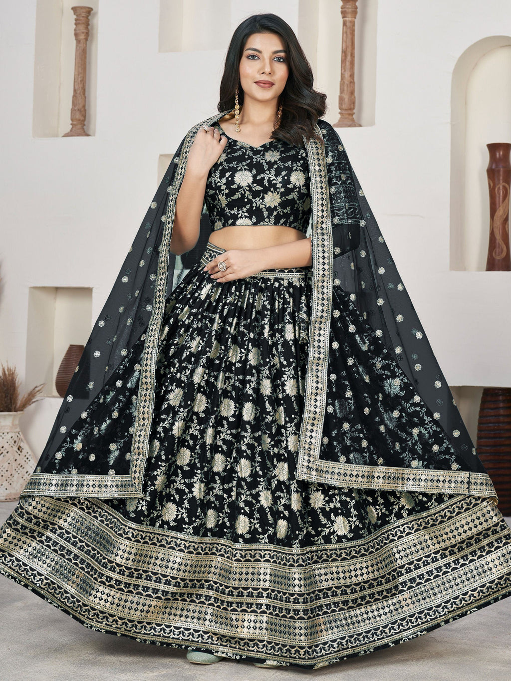 Precious Black Zari Embroidered Jacquard Reception Wear Lehenga Choli