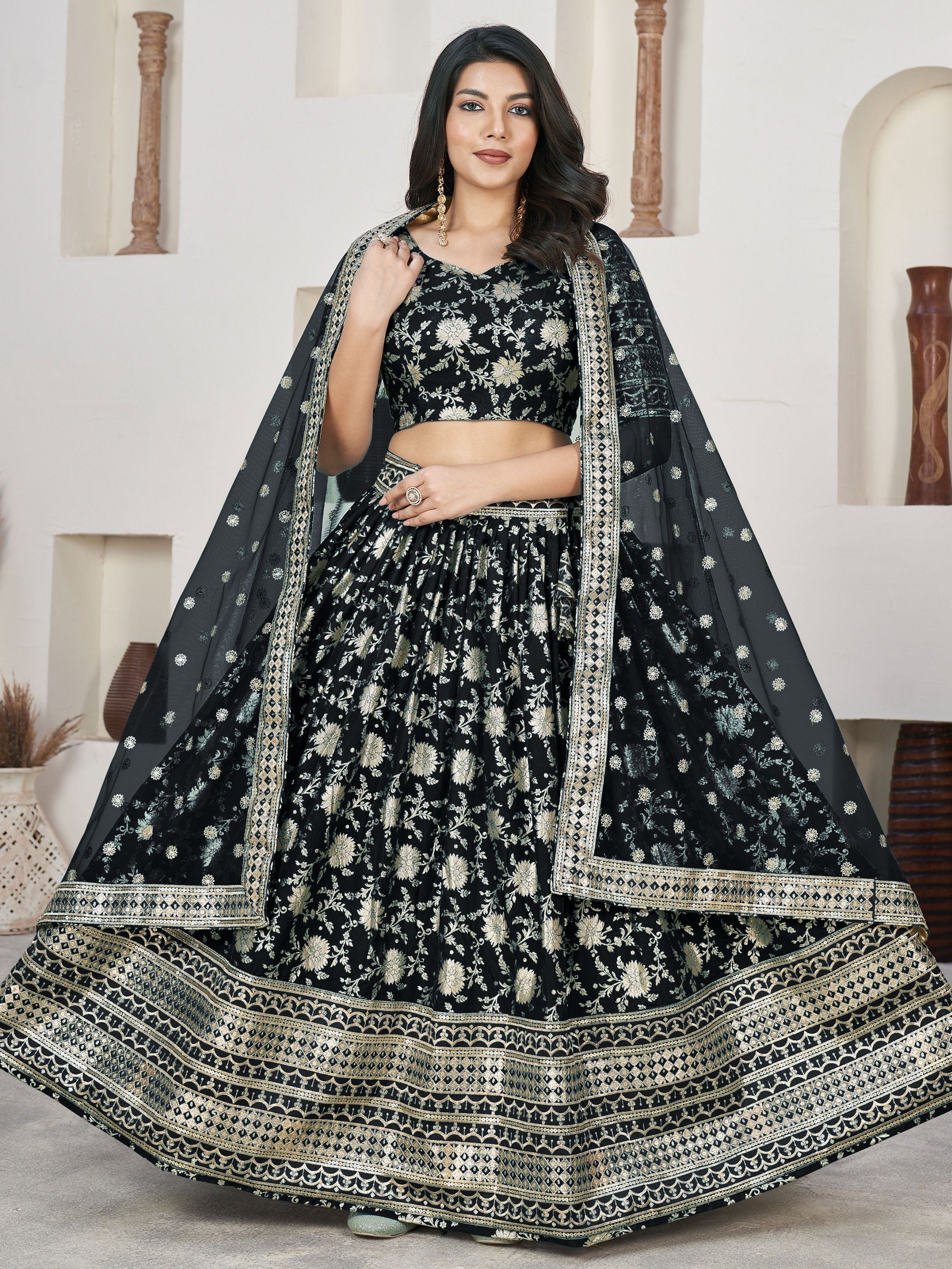 Precious Black Zari Embroidered Jacquard Reception Wear Lehenga Choli