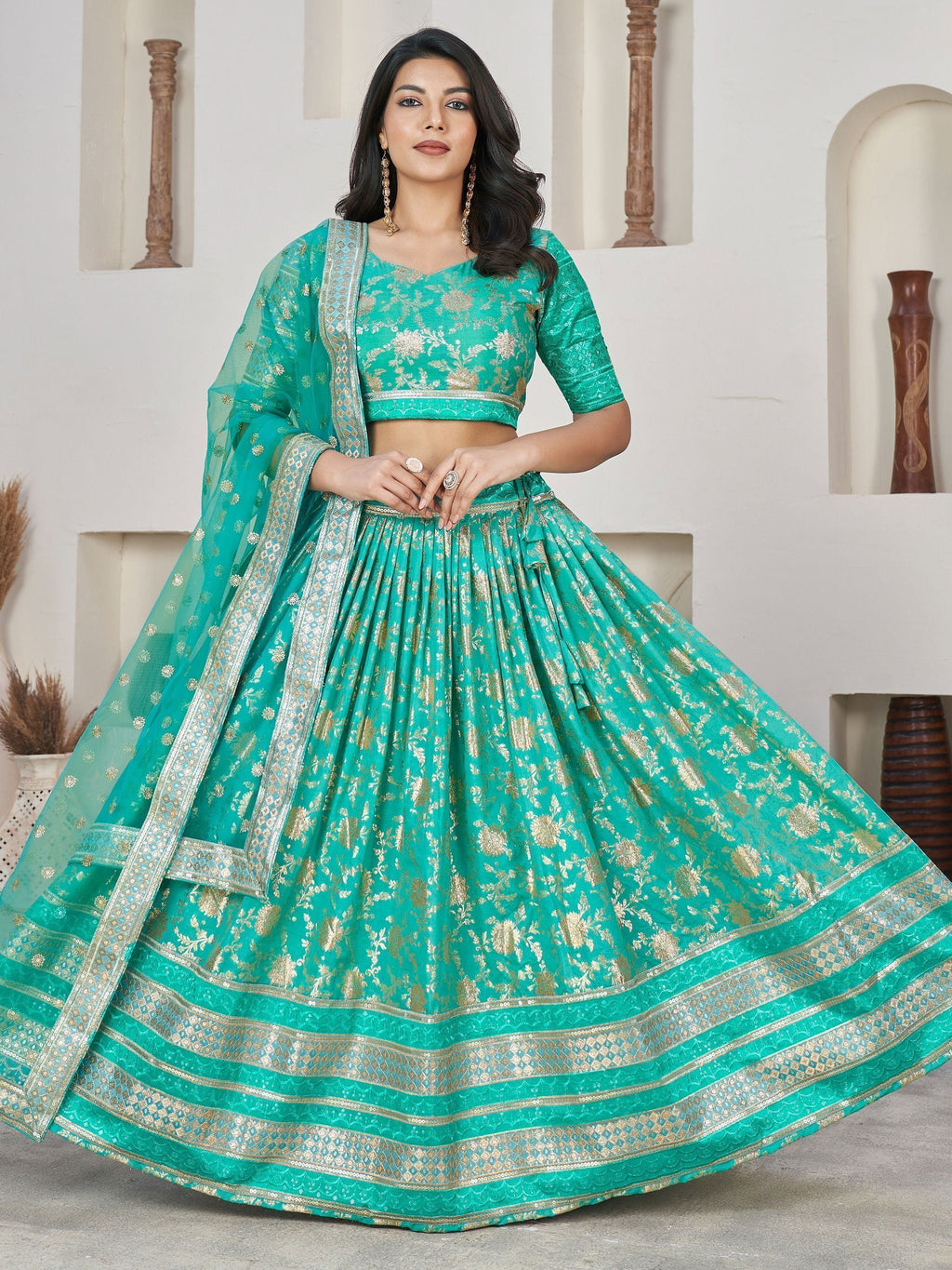 Captivating Sea Green Zari Embroidered Jacquard Lehenga Choli