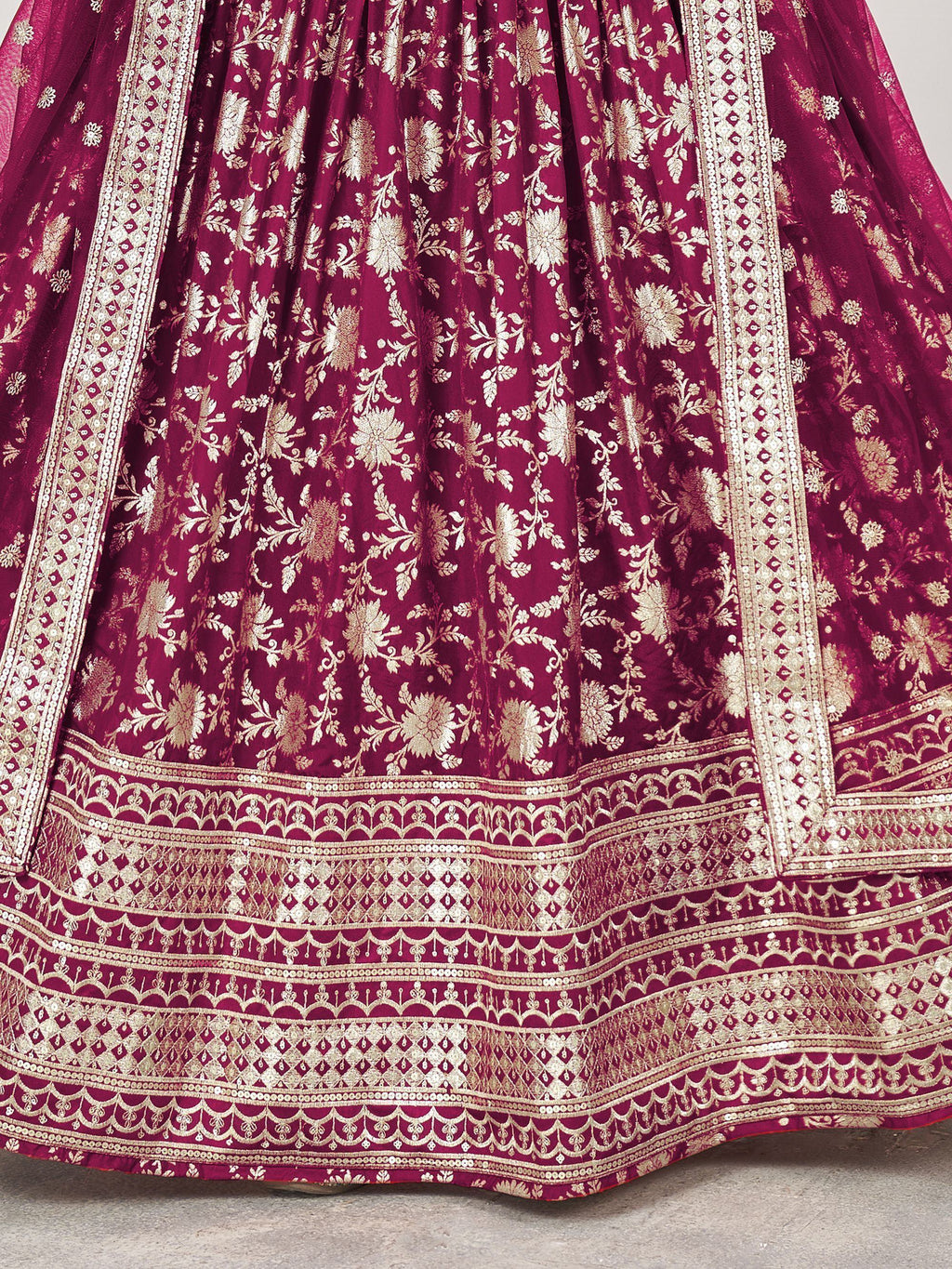 Beautiful Rani Pink Zari Embroidered Jacquard Wedding Lehenga Choli