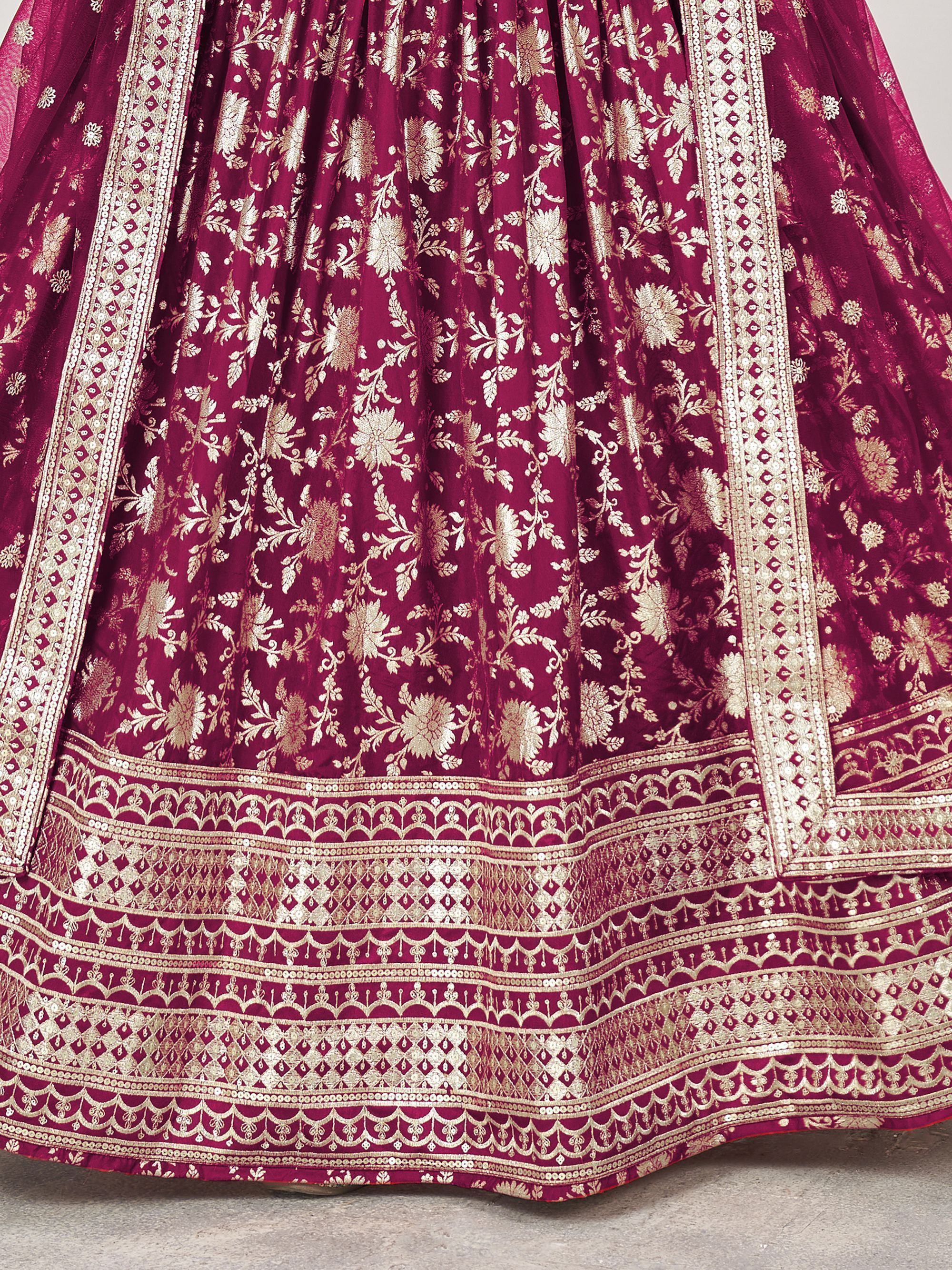 Beautiful Rani Pink Zari Embroidered Jacquard Wedding Lehenga Choli