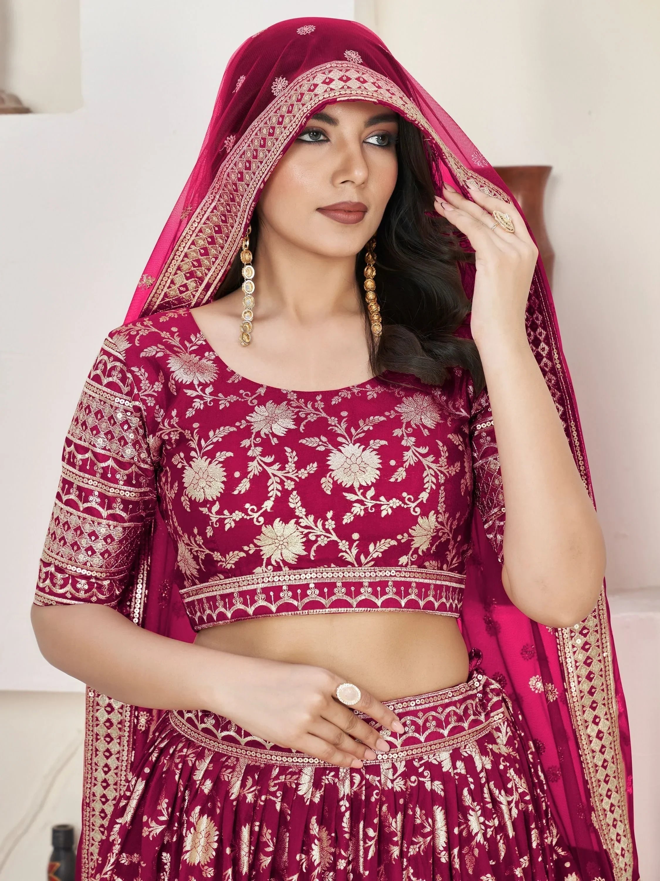 Beautiful Rani Pink Zari Embroidered Jacquard Wedding Lehenga Choli