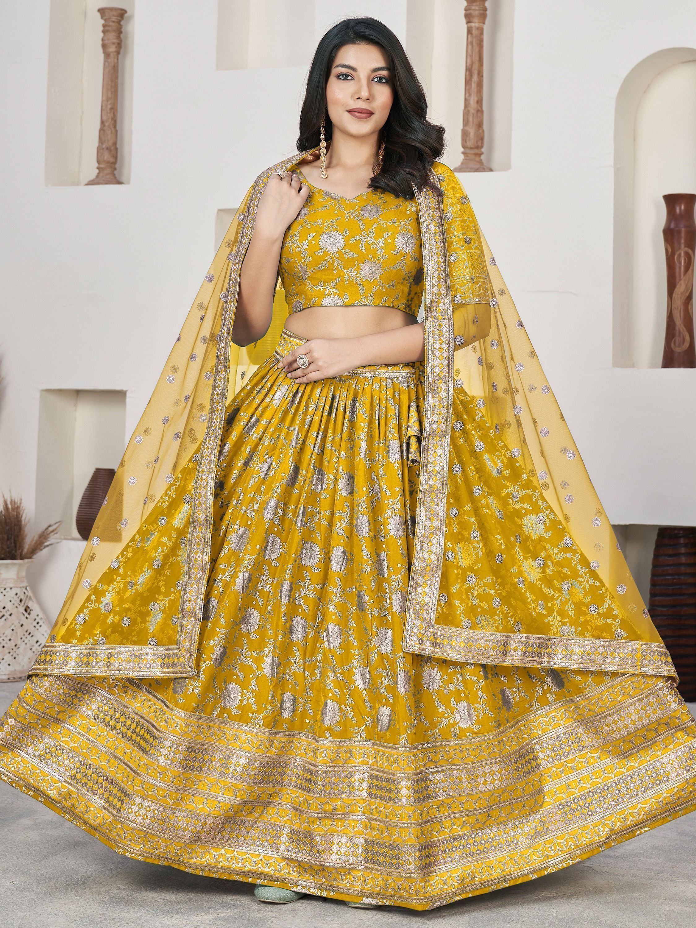 Stunning Yellow Zari Embroidered Jacquard Haldi Wear Lehenga Choli
