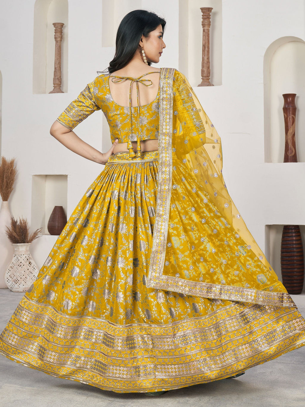 Stunning Yellow Zari Embroidered Jacquard Haldi Wear Lehenga Choli