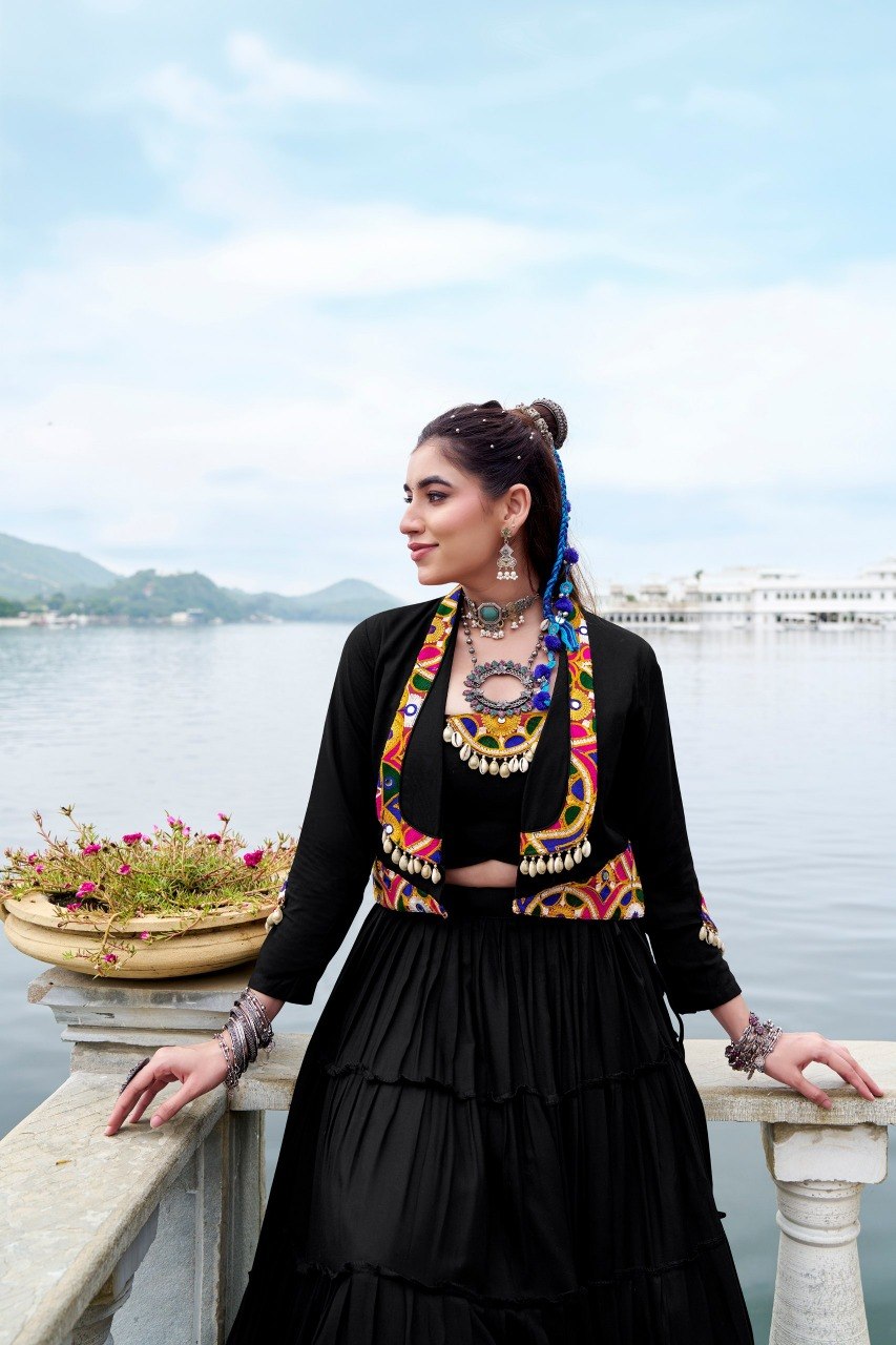 Rajudi Rayon Gamthi Work Lehenga Choli with Jacket