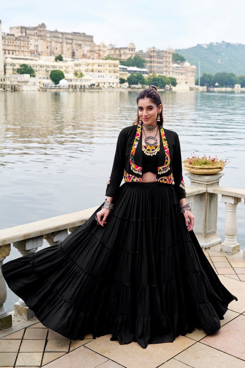 Rajudi Rayon Gamthi Work Lehenga Choli with Jacket