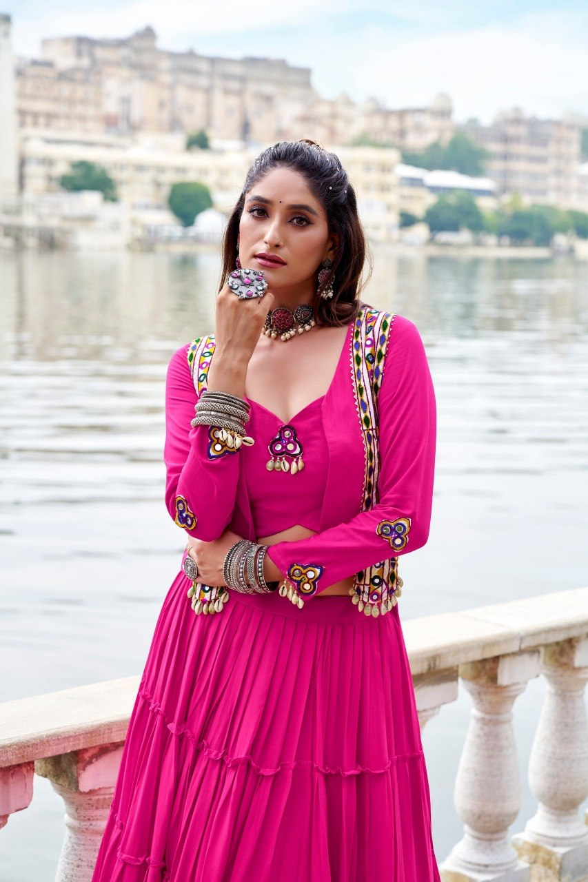 Rajudi Rayon Gamthi Work Lehenga Choli with Jacket
