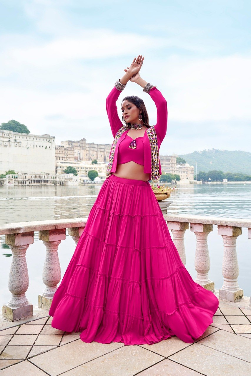 Rajudi Rayon Gamthi Work Lehenga Choli with Jacket