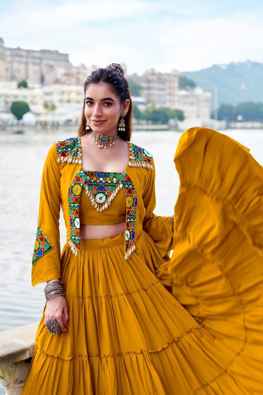 Rajudi Rayon Gamthi Work Lehenga Choli with Jacket
