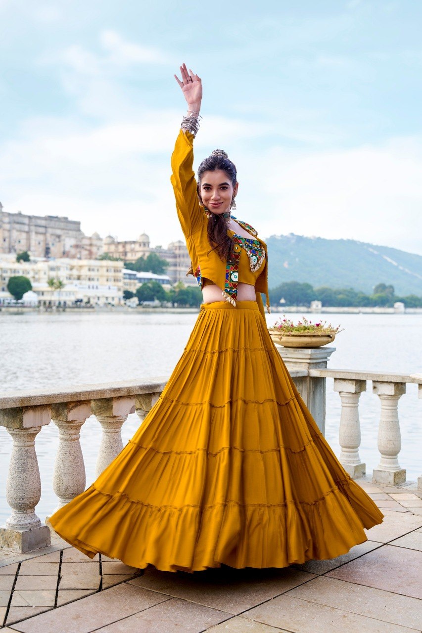 Rajudi Rayon Gamthi Work Lehenga Choli with Jacket