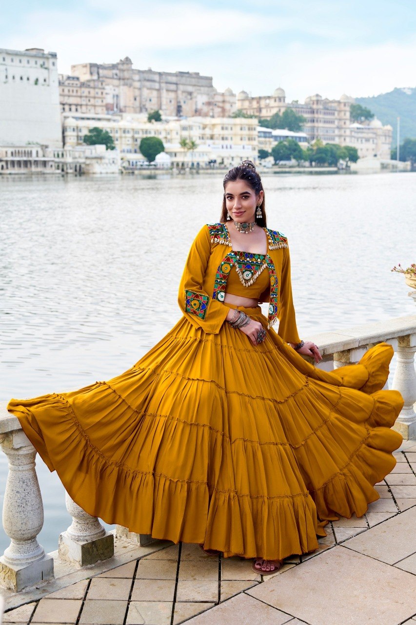 Rajudi Rayon Gamthi Work Lehenga Choli with Jacket