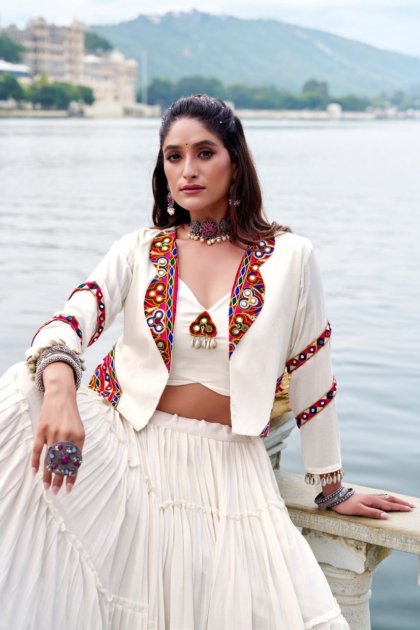 Rajudi Rayon Gamthi Work Lehenga Choli with Jacket