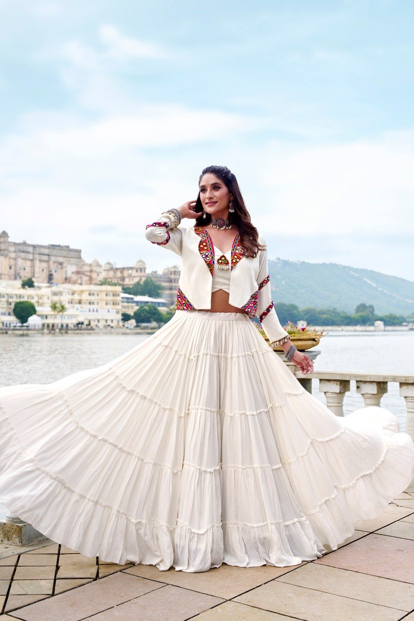 Rajudi Rayon Gamthi Work Lehenga Choli with Jacket