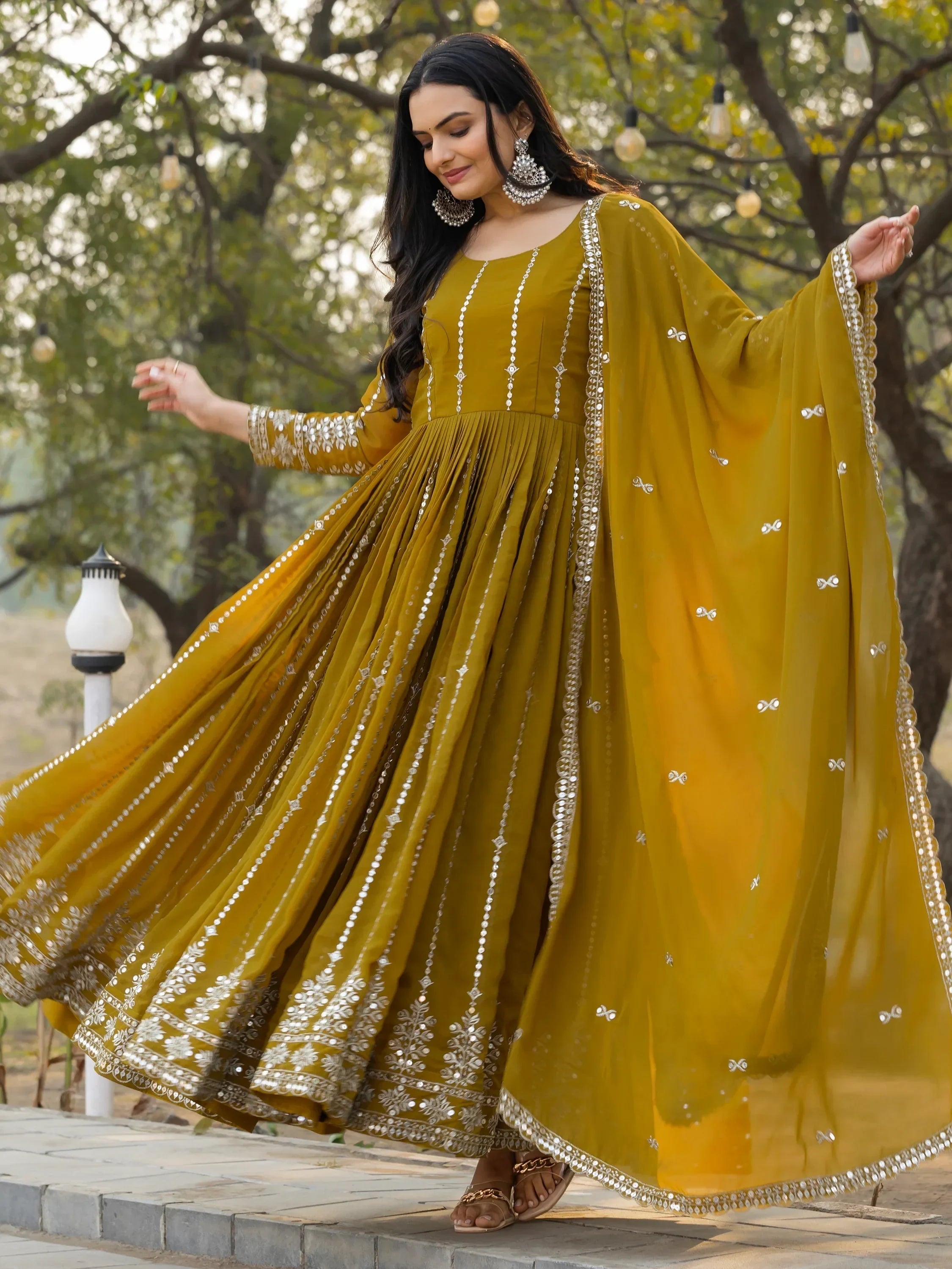 Amazing Mehendi Green Sequins Georgette Event Wear Gown With Dupatta