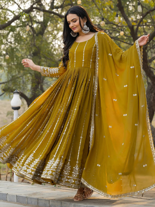 Amazing Mehendi Green Sequins Georgette Event Wear Gown With Dupatta