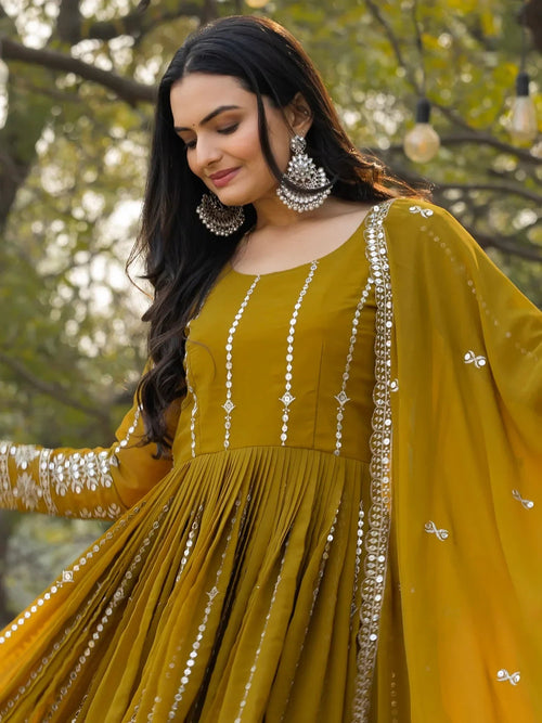 Amazing Mehendi Green Sequins Georgette Event Wear Gown With Dupatta