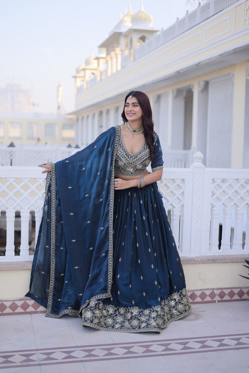 Rama Blue Fendy Silk Embroidered Lehenga Choli